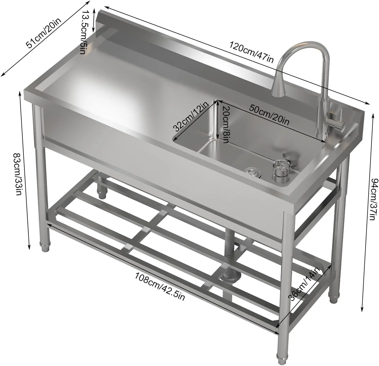 TROPOW 24x20x42 Inch Stainless Steel Utility Sink, Freestanding Single Bowl with Cold and Hot Water Pipe and Faucet, Commercial Sink Kitchen Sink for Restaurant Laundry Room Bathroom Garage Garden