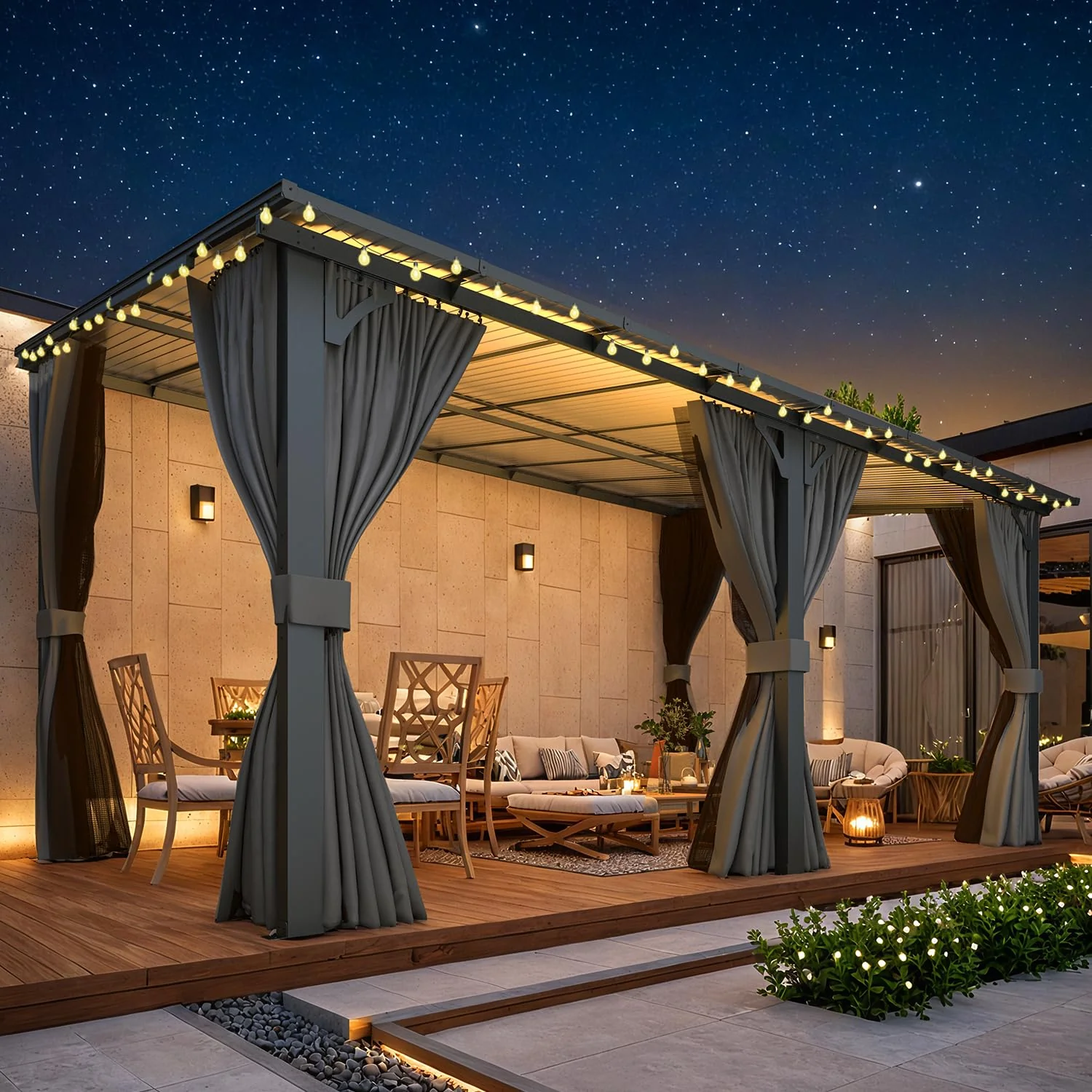 AECOJOY 16'x10' Wall Gazebo with Curtains and Mosquito Netting, Gray