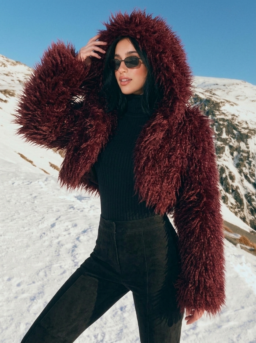 Stanetco Women's Cropped Burgundy Faux Fur Hooded Jacket - Fluffy Winter Shaggy Coat, Trendy Warm Plush Outerwear