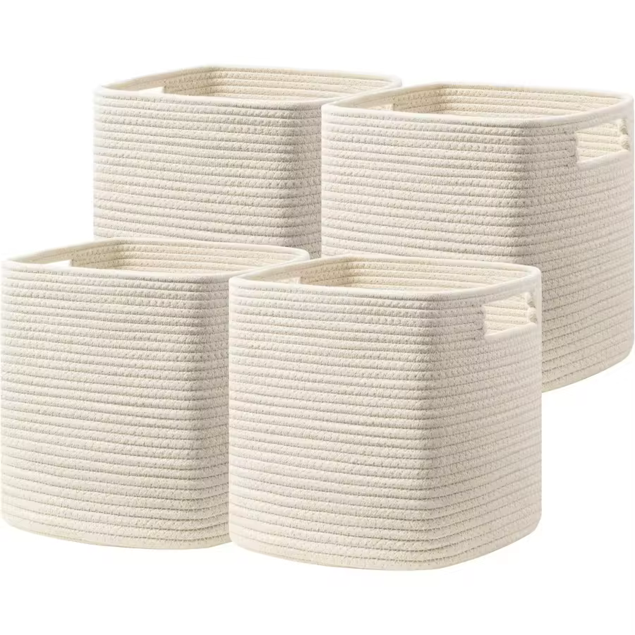 Set Of 4 Storage Cubes-13 X 13 X 13 In, Cotton Rope Basket For Shelves, Toys, Book, Cube Storage Bin With Handles, Woven Storage Basket For