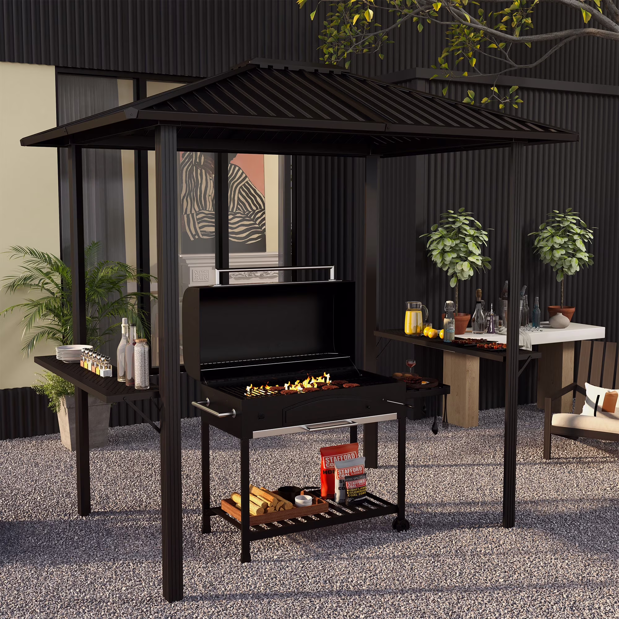 6' x 8' Hardtop BBQ Gazebo, Grill Gazebo with Metal Roof, Aluminum Frame and 2 Side Shelves