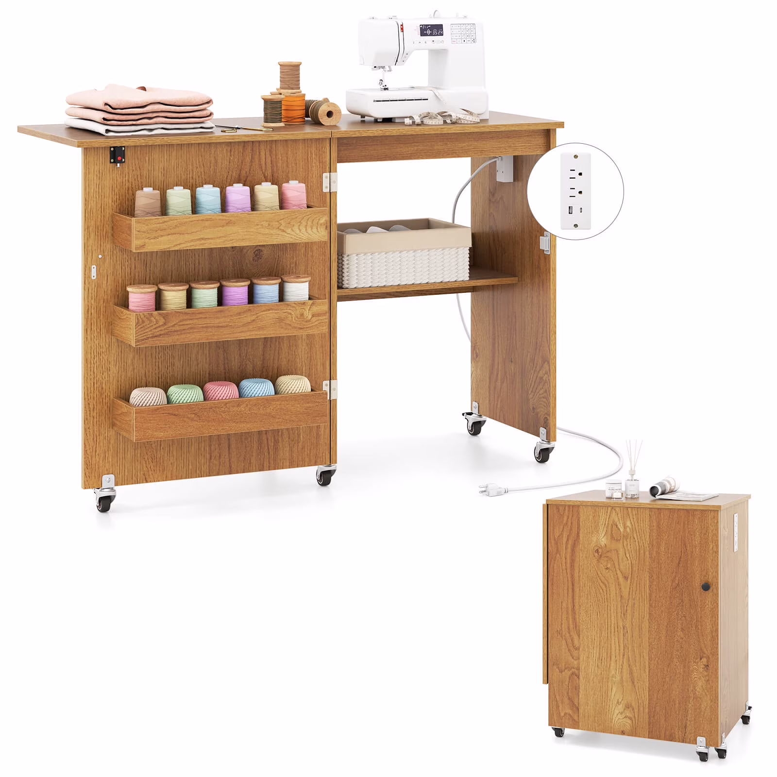Folding Sewing Table Rolling Craft Station with 3 Storage Bins Charging Station Natural(Natural)