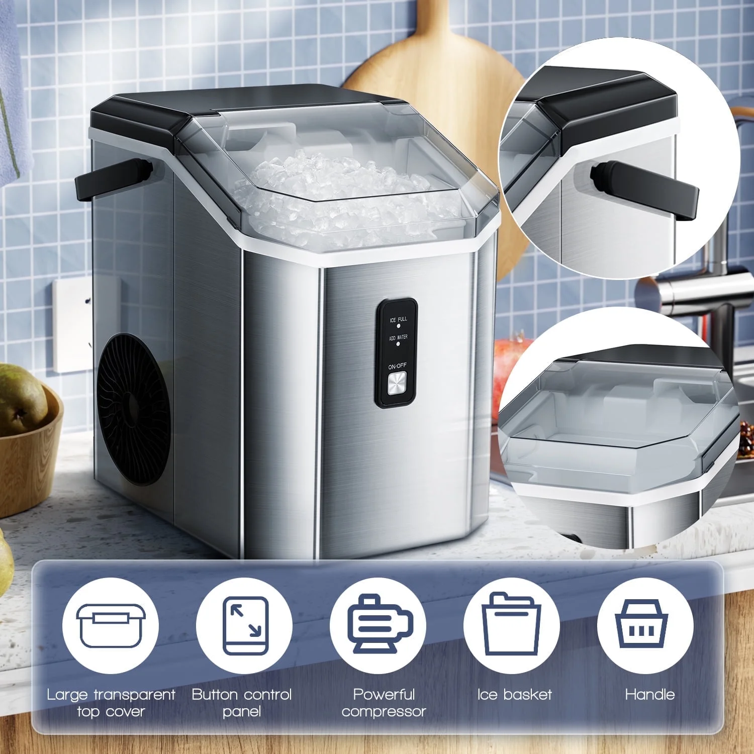SS Nugget Countertop Ice Maker with Soft Chewable Ice, 35Lbs/24H, Self-Cleaning, Ice Scoop, Stainless Steel Silver, for Kitchen/Office/Party(Silver1) - Image 9