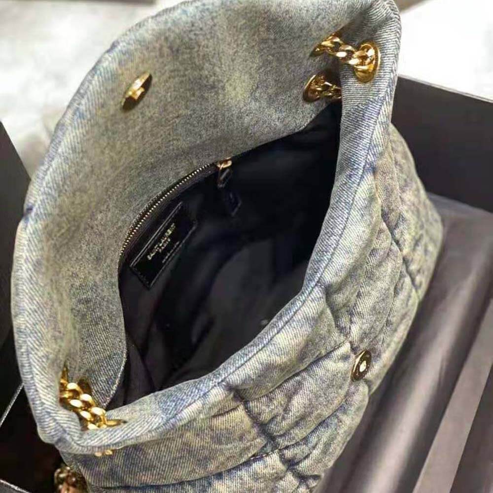 Y Puffer Small Bag in Quilted Vintage Denim and Suede