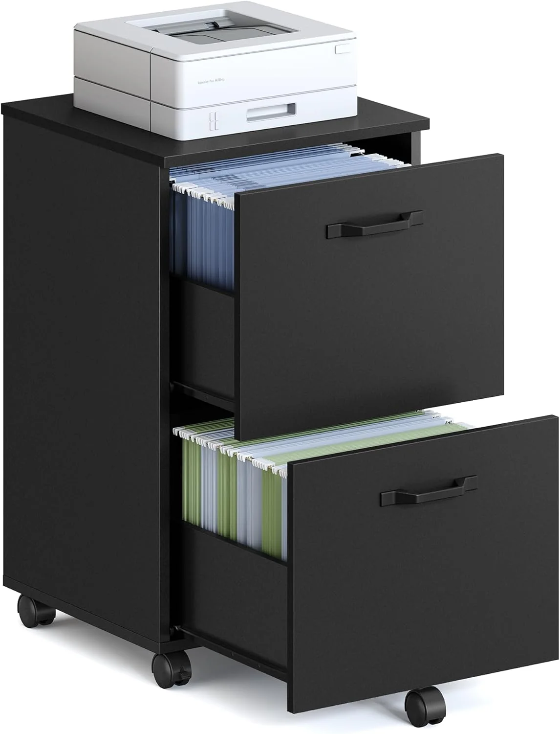 2-Tier Rolling File Cabinet, Printer Stand for Home Office, Fits A4 & Letter Documents, Matte Black (15.7 x 16.5 x 27.6 Inches)