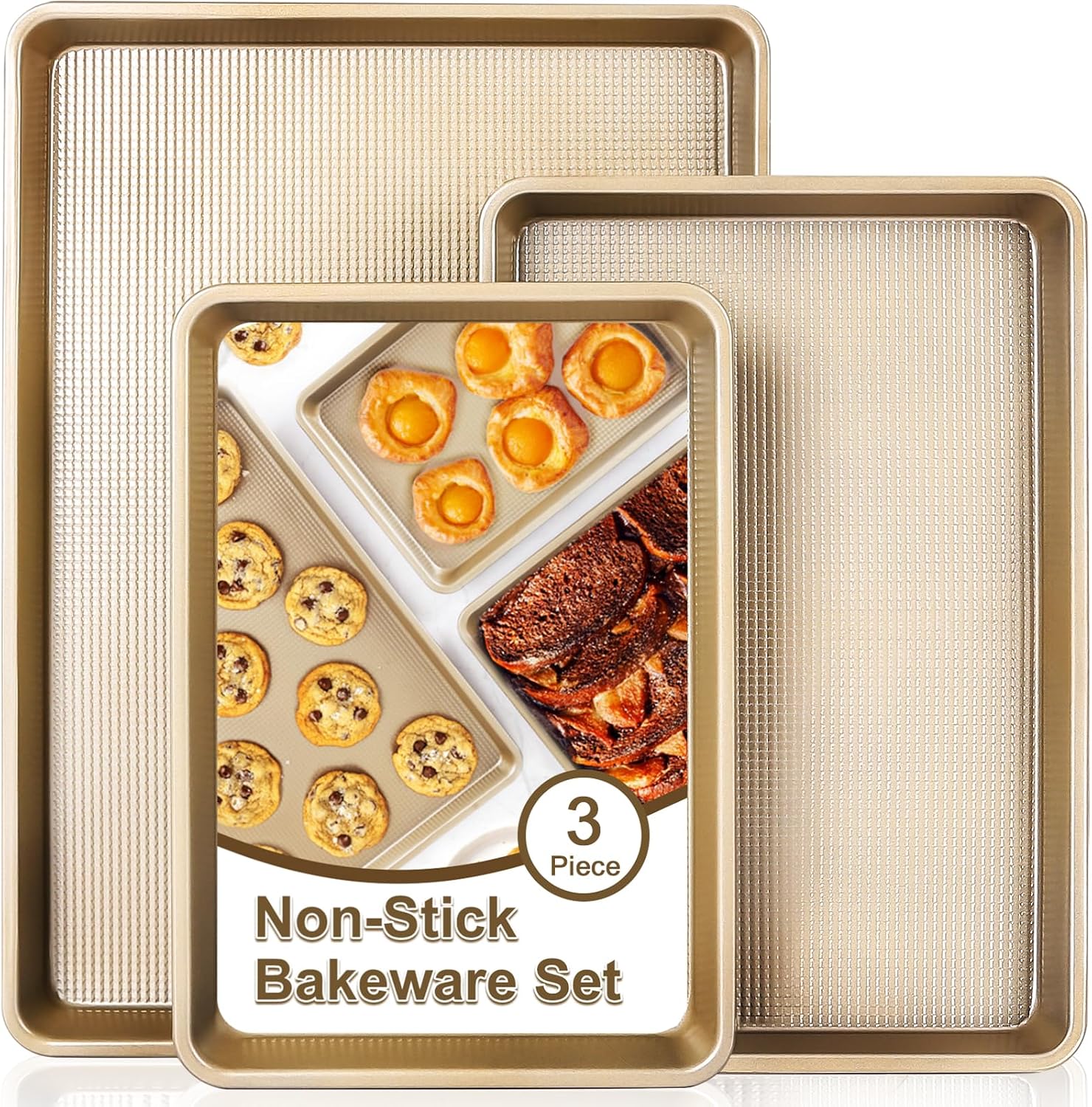 Baking Sheet Pan Set of 3| Nonstick Cookie Sheets for Baking Supplies| No Rust & No Toxic Carbon Steel Half Sheet Pan+Jelly Roll Pan+Quarter Sheet Pan Set| Heavy Duty Baking Tray for Oven