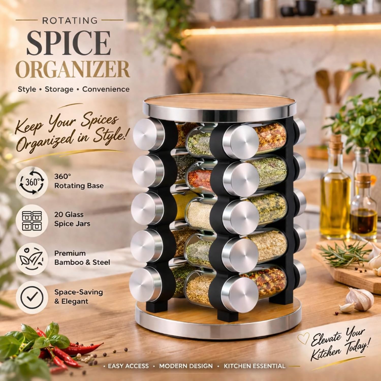 20 Jar Rotating Spice Rack, Wood & Stainless Steel Countertop