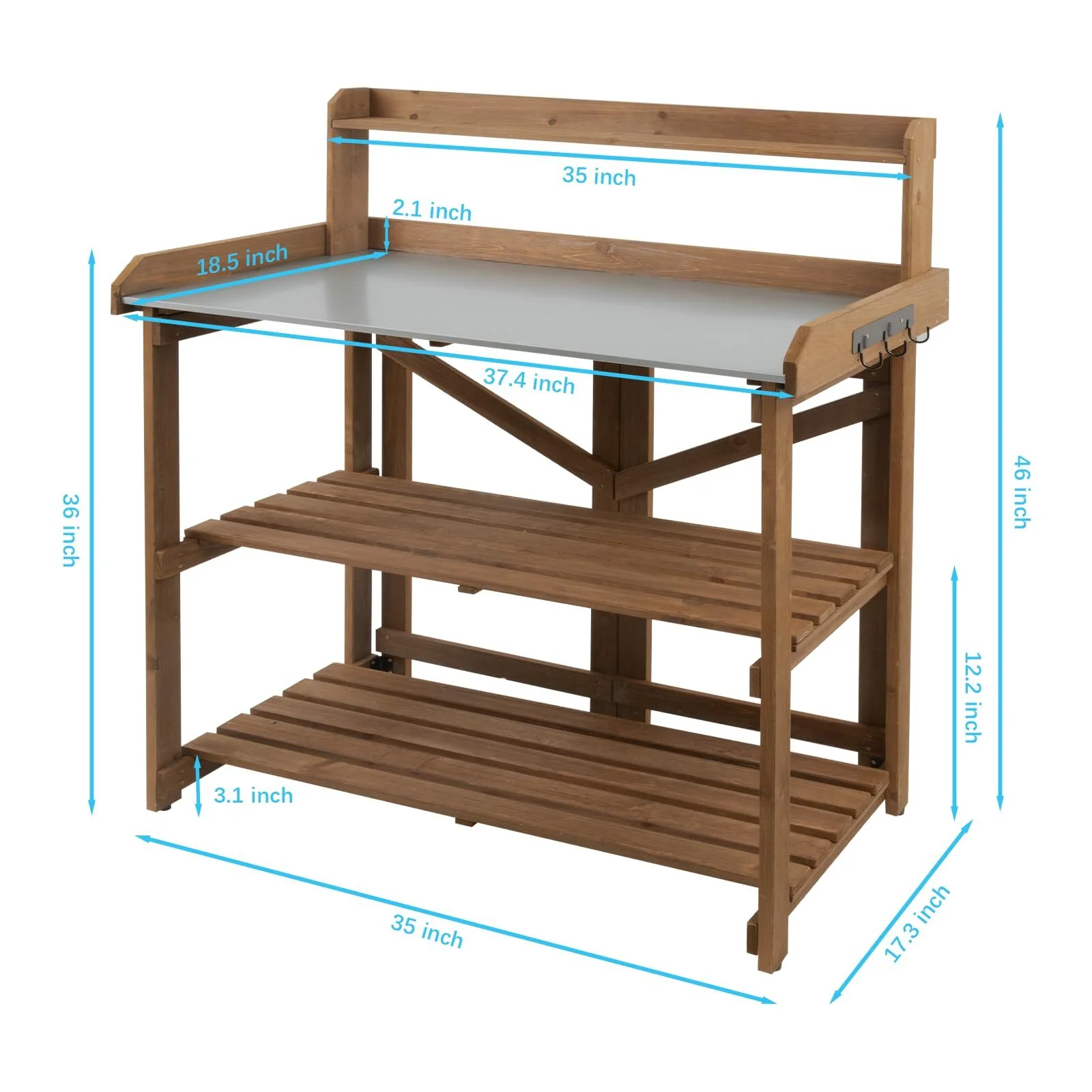 Outdoor Wooden Folding Potting Bench Table, Fir Wood Garden Workstation with Galvanized Tabletop, 2 Tier Storage Shelves, Brown(35"Lx17.3"Wx46"H) - Image 2