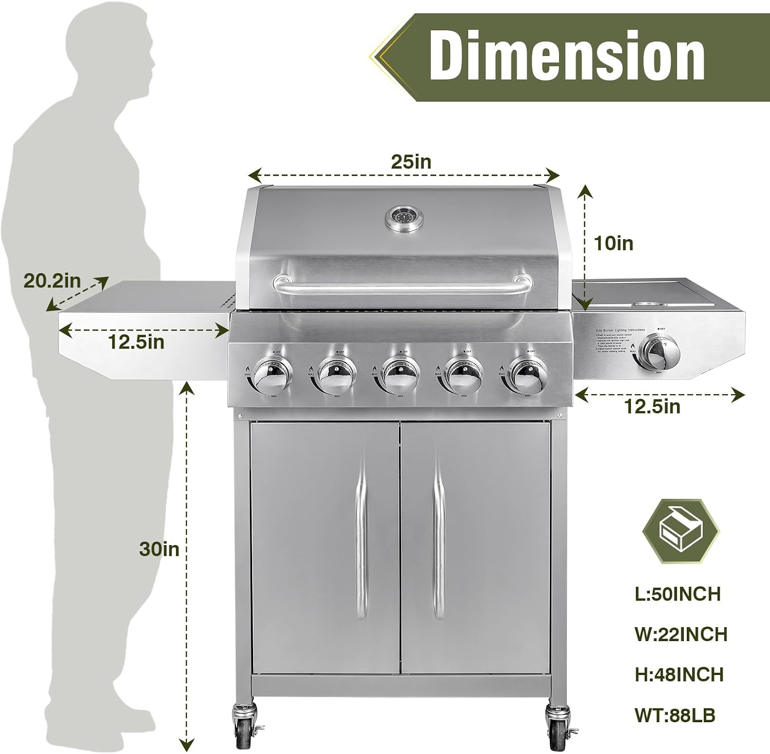 Bestfire 68,000 BTU 5 Burner Propane Gas Grill with Side Burner-Professional-Grade Stainless Steel Outdoor BBQ Grill-647 sq in Cooking Space & Porcelain Cast Iron Grates-Patio Cart Design for Backyard