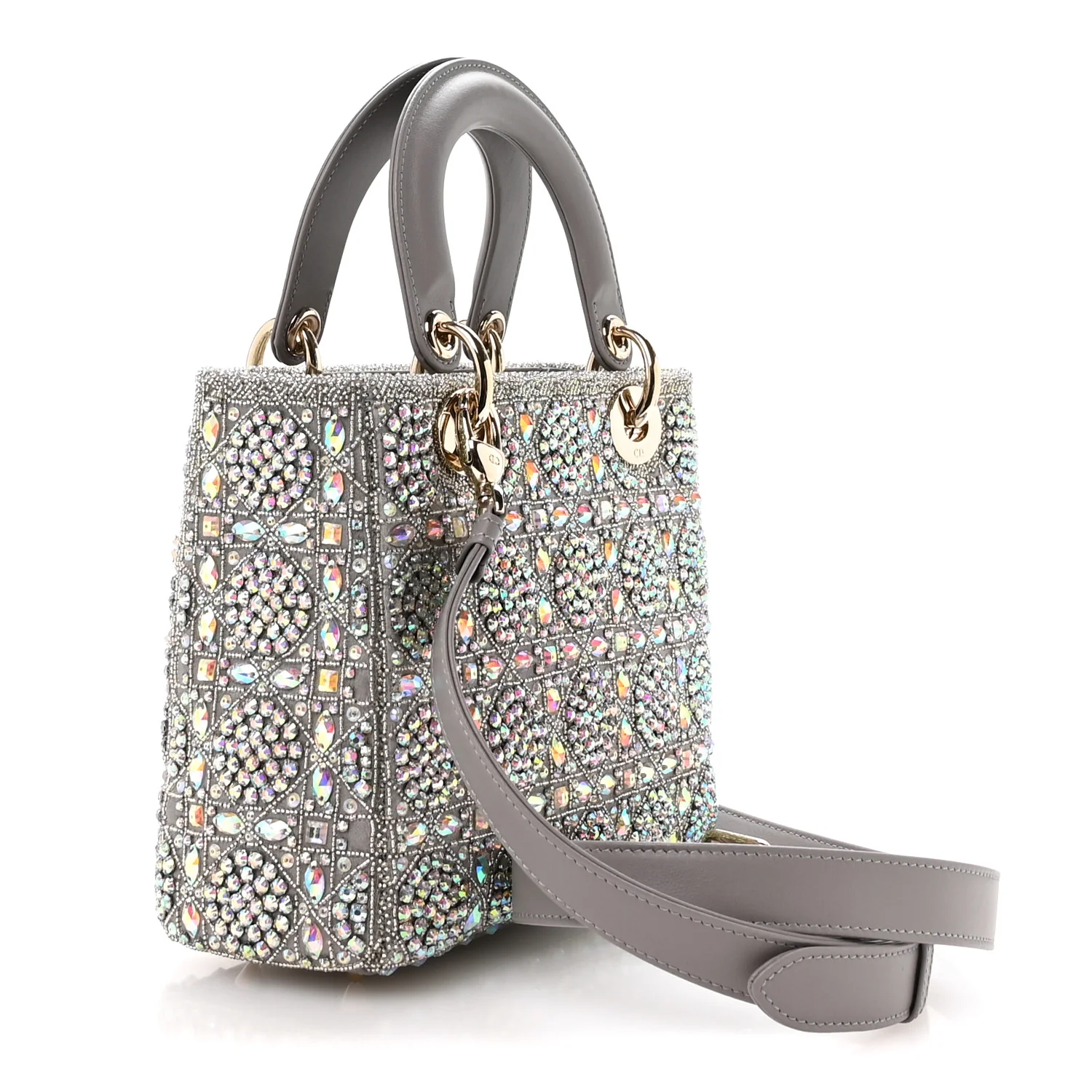 Calfskin Satin Celestial Bead Embroidery Embroidered Small Lady Dior Grey Multicolor