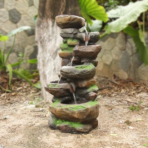 6-Tiered Outdoor Floor Rock Water Fountain Cascading Waterfall Fountains Indoor Led Lights for Home Garden Patio with Natural Stone Look 37.4 H