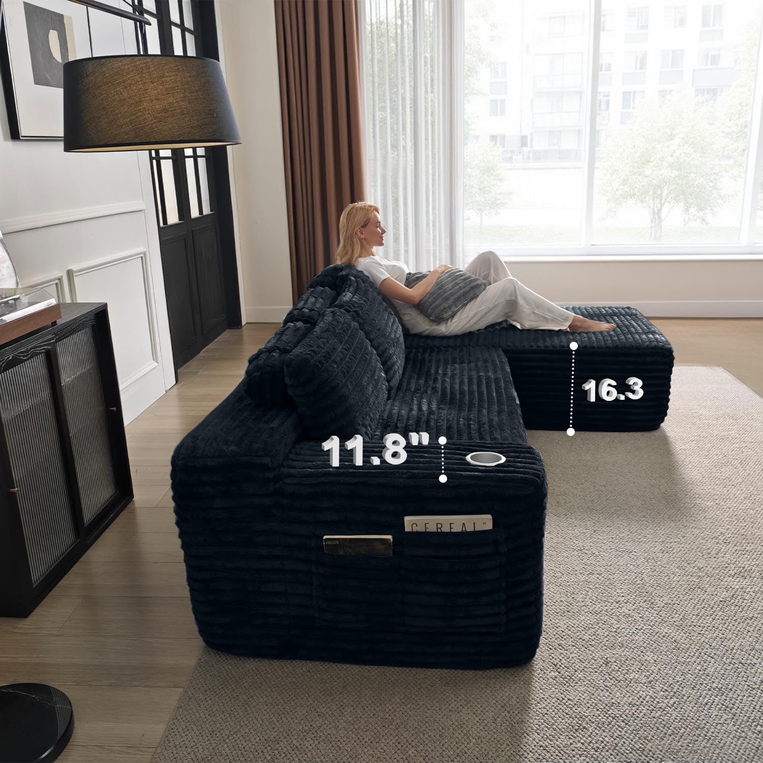 Canapé d'angle Cloud avec fauteuil inclinable en L et porte-gobelet intégré