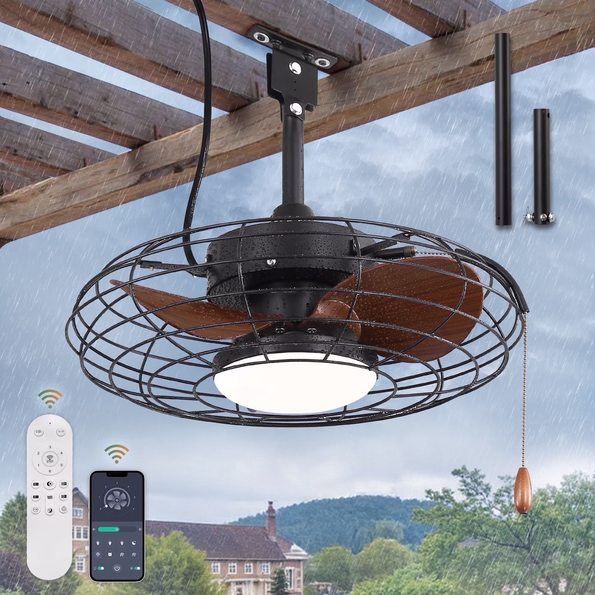 20" Outdoor Ceiling Fan with Light and Remote, 7 Blades Caged Waterproof Gazebo Fan for Patio, Porch, Pergola Canopy, App Control(Caged A) - Image 5