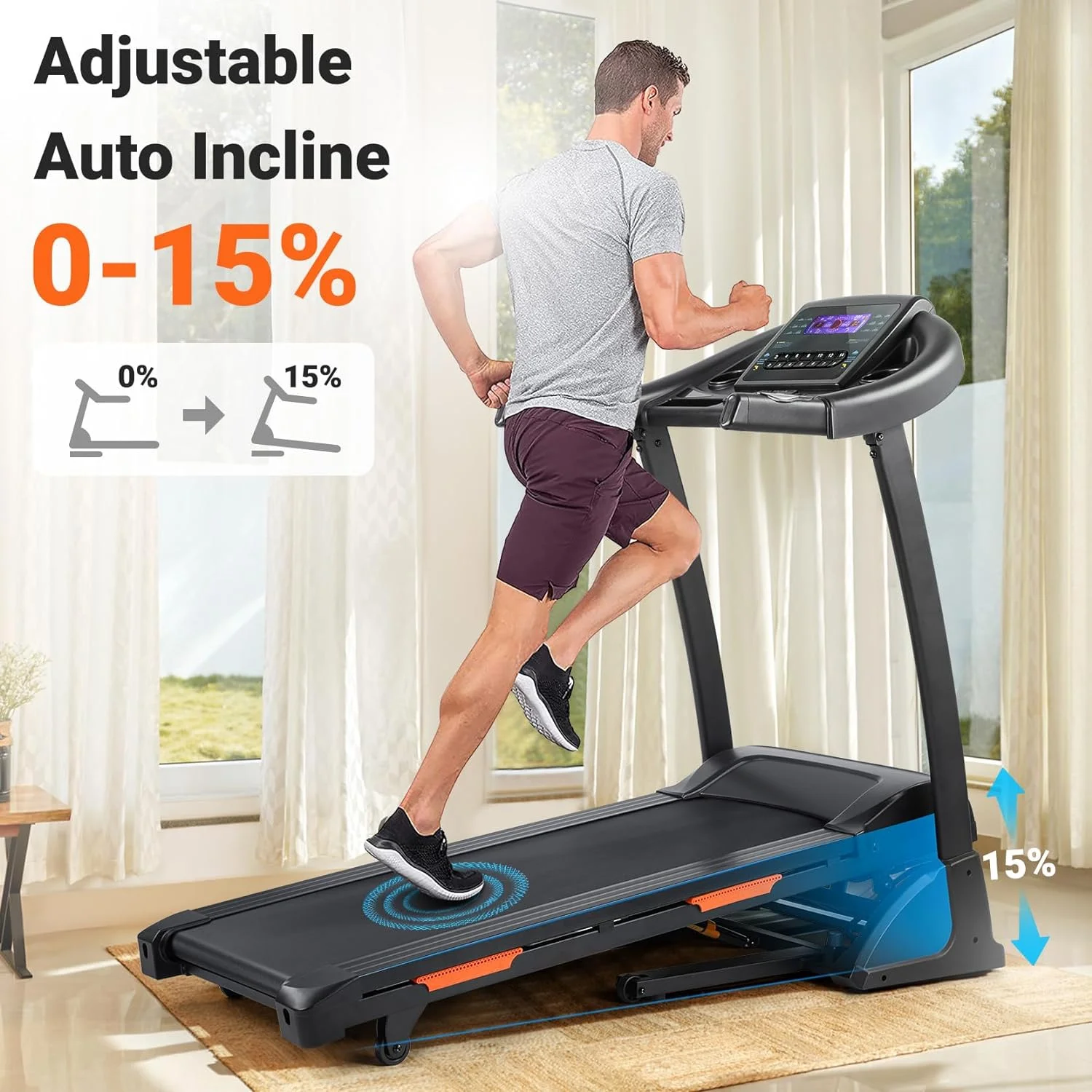 3.5HP Folding Treadmill, 300lb Capacity, 15 Levels Auto Incline Treadmills for Home Running and Walking Max 10MPH Speed Foldable EleTreadmill Running Machine with APP Bluetooth - Image 5