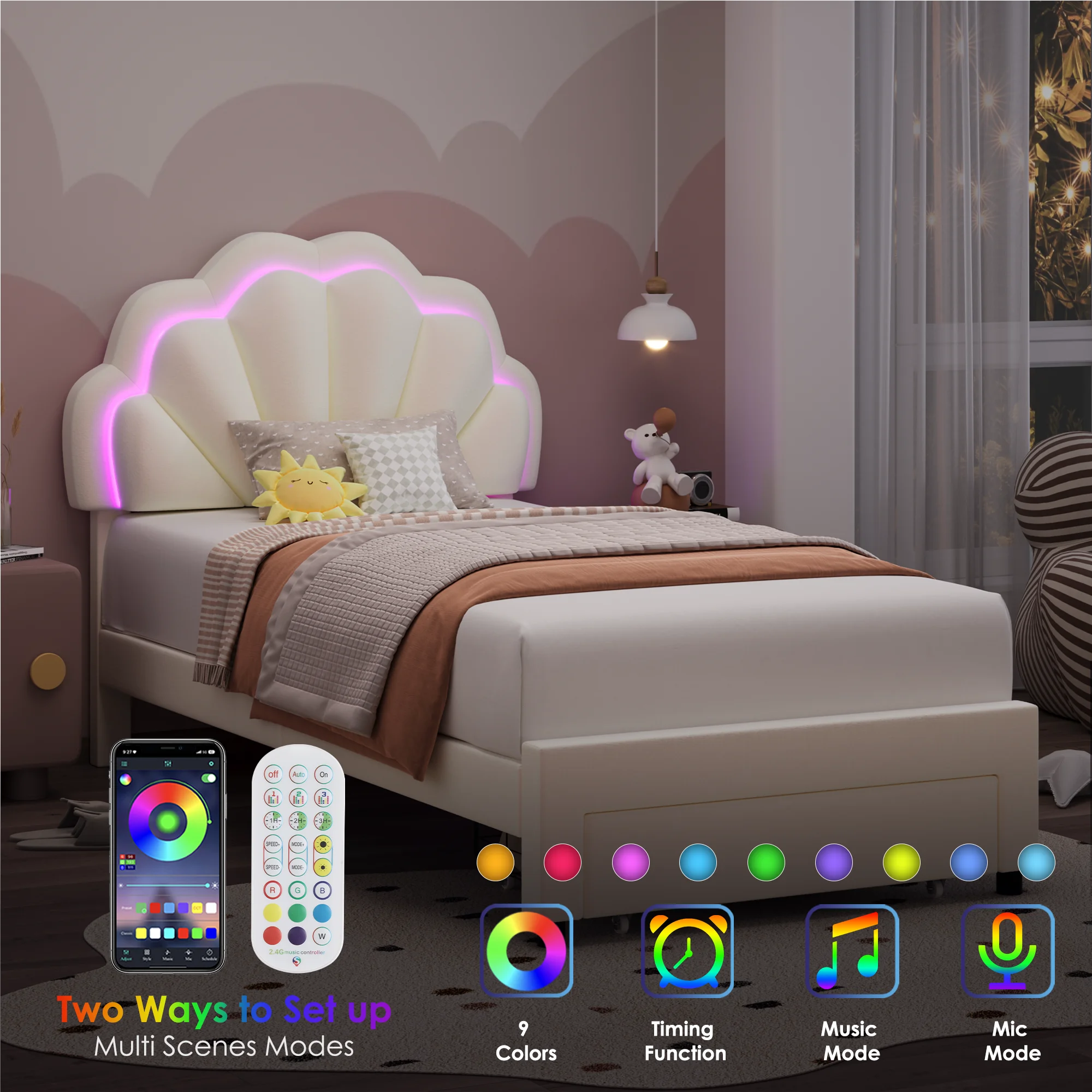 Homfa Twin Bed Frame with Storage & LED Light, Velvet Upholstered Platform Twin Bed with Adjustable Petal Headboard, Beige