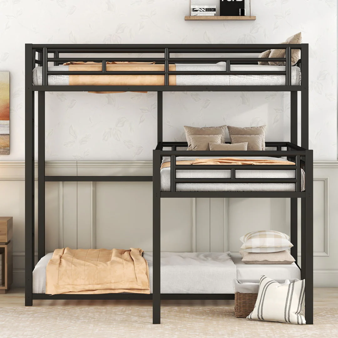 L Shaped Triple Bunk Bed for 3, Metal Triple Twin Size Bunk Beds Frame with Integrated ladder and Full-length Guardrails, Corner Triple Bunk Beds for Kids,Teens and Adults, Black - Image 2