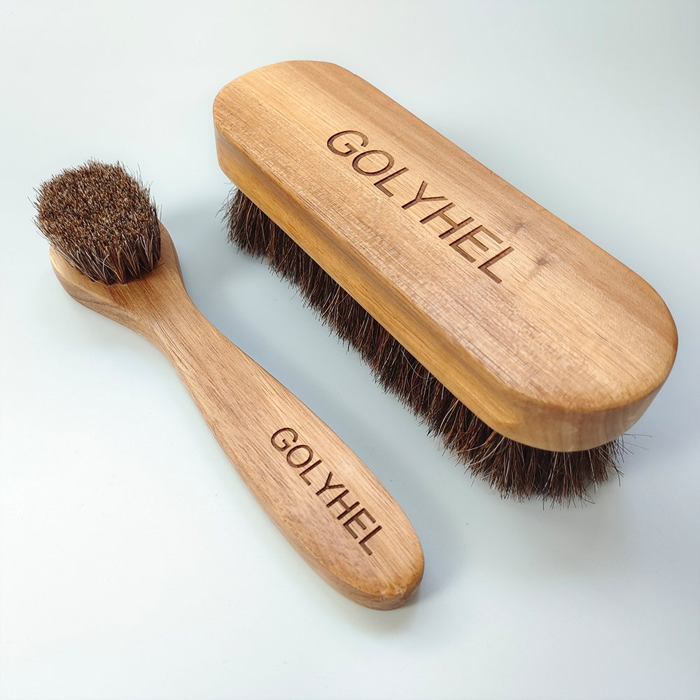 GOLYHEL Wooden Horsehair Brush Set  Pure Horsehair Premium Acacia Wood Shoe Brush Set