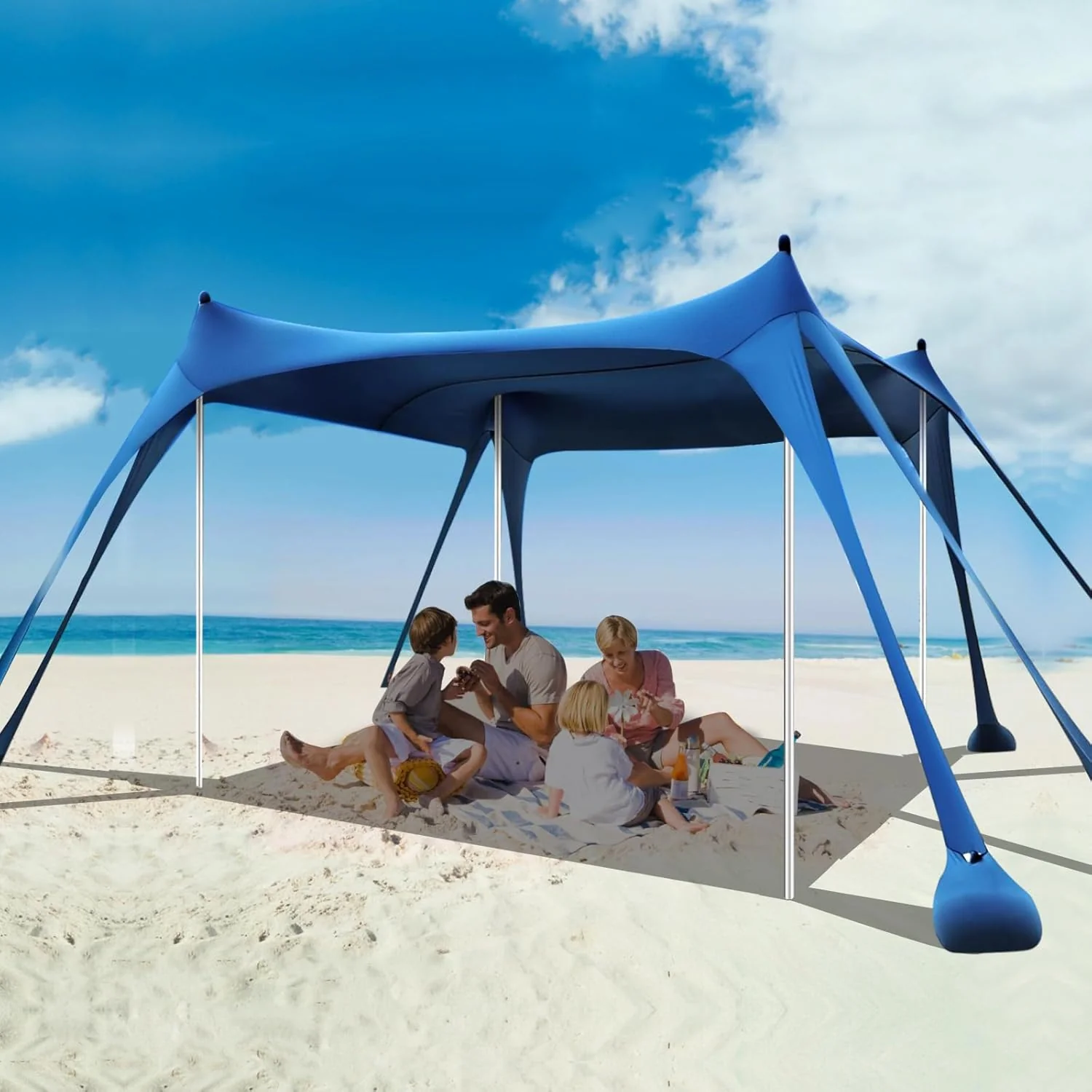 Abri de plage 3 x 3 m, robuste, protection solaire UPF50+, avec 8 sacs de sable et 4 poteaux de stabilité, idéal pour le camping et la pêche, bleu.