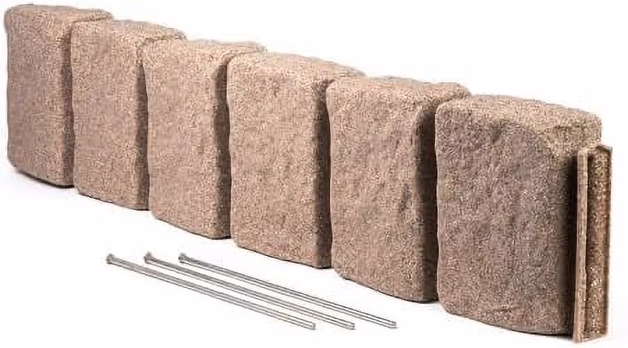 Beuta Landscape Edging | Garden Edging Border | Faux Stone Block XL for Lawn Edging, Flower Beds & Yard Edging �C 1 Pack | Each Section Has 6 Blocks 48 L x 4 W x 9.5 H | 3 Spikes | Sandstone