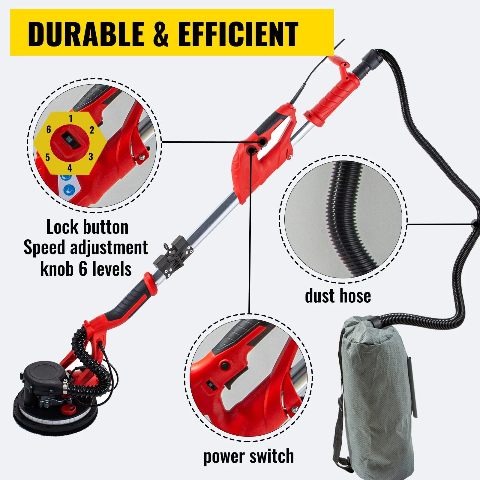 Drywall Sander 850W, Electric Drywall Sander, Electric Sander, with LED Strip Light and Vacuum Bag, Variable Speed 800-1750 RPM, Foldable Sheetrock Sander, with Telescope Handle, Wall Sander(Red 850W with LED Strip Light) - Image 2