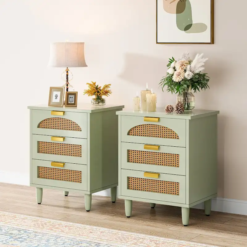 20-Inch Green Wooden Nightstand with 3 Drawers - Bedside Storage Cabinet for Bedroom