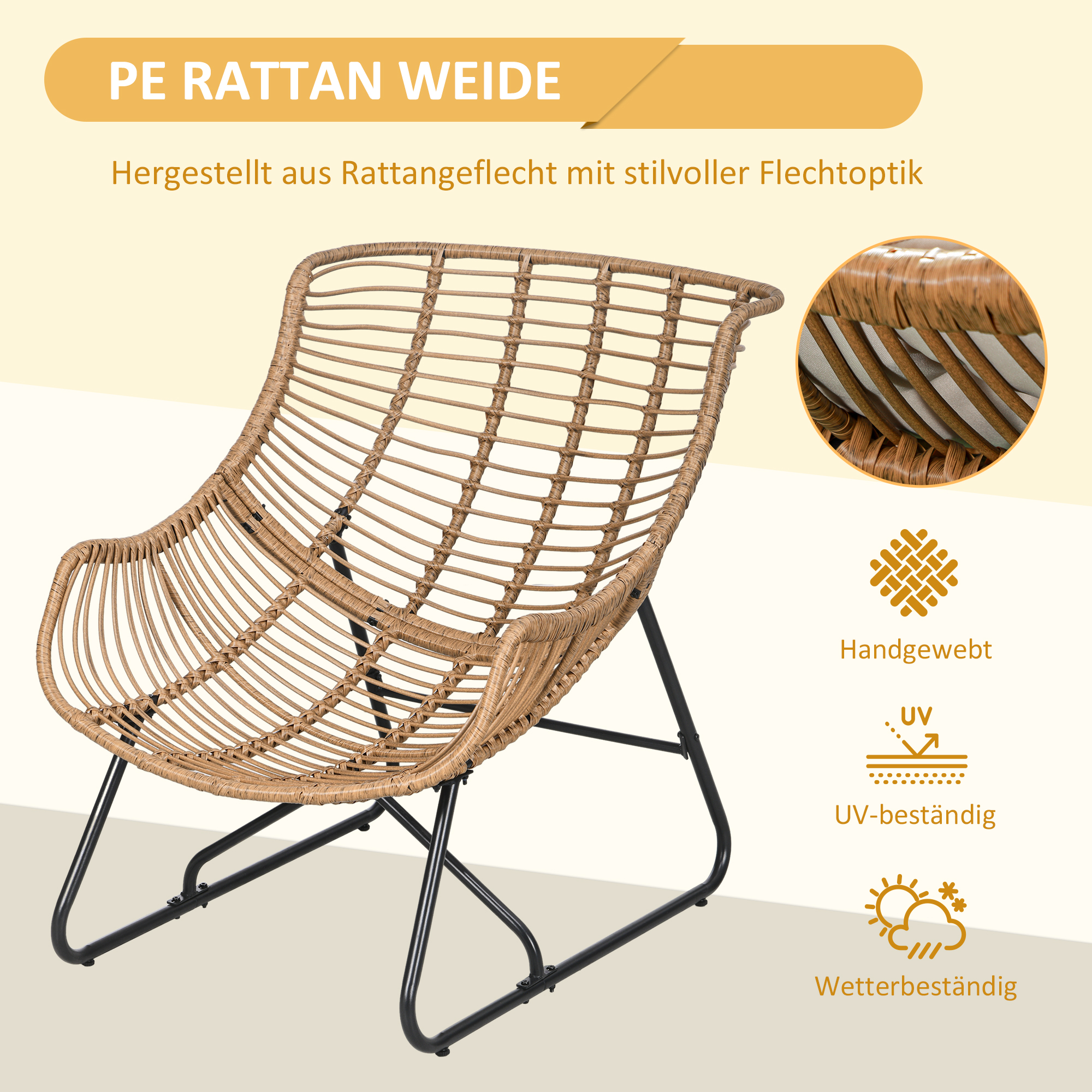 Outsunny Tuin Lounge, Rotan look, Buitensstoel, met Kussen, Metalen frame, 75x101x90 cm, Natuur/Khaki/Zwart