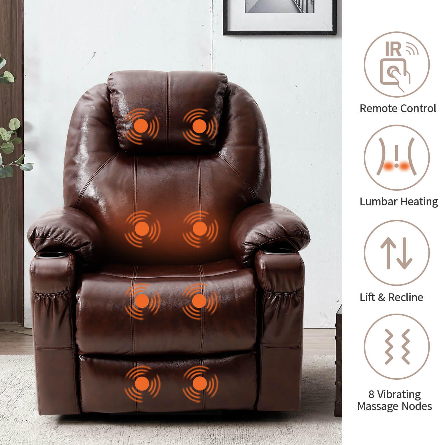 Fauteuil releveur électrique 3 positions avec repose-talon et massage, revêtement en cuir véritable