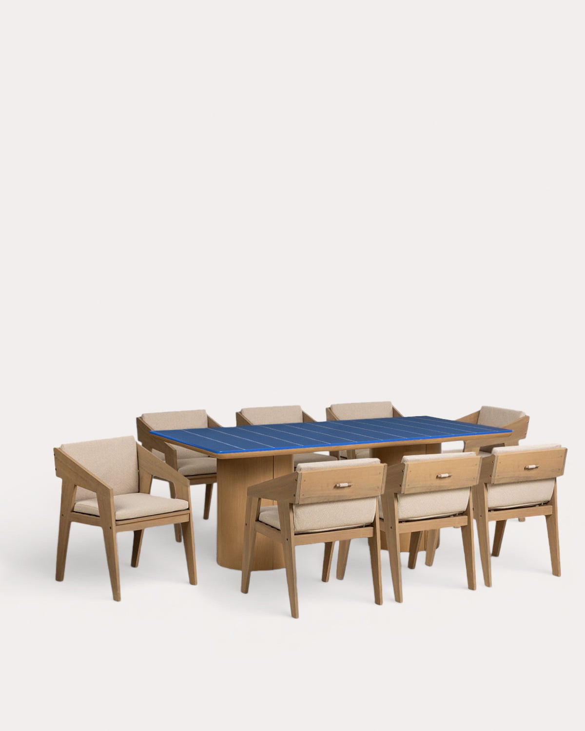 Set Pepe - Tanon - Set de Mesa Rectangular de Cemento (200x105 cm) Pepe y 8 Sillas con Reposabrazos de Madera de Acacia Tanon de Exterior