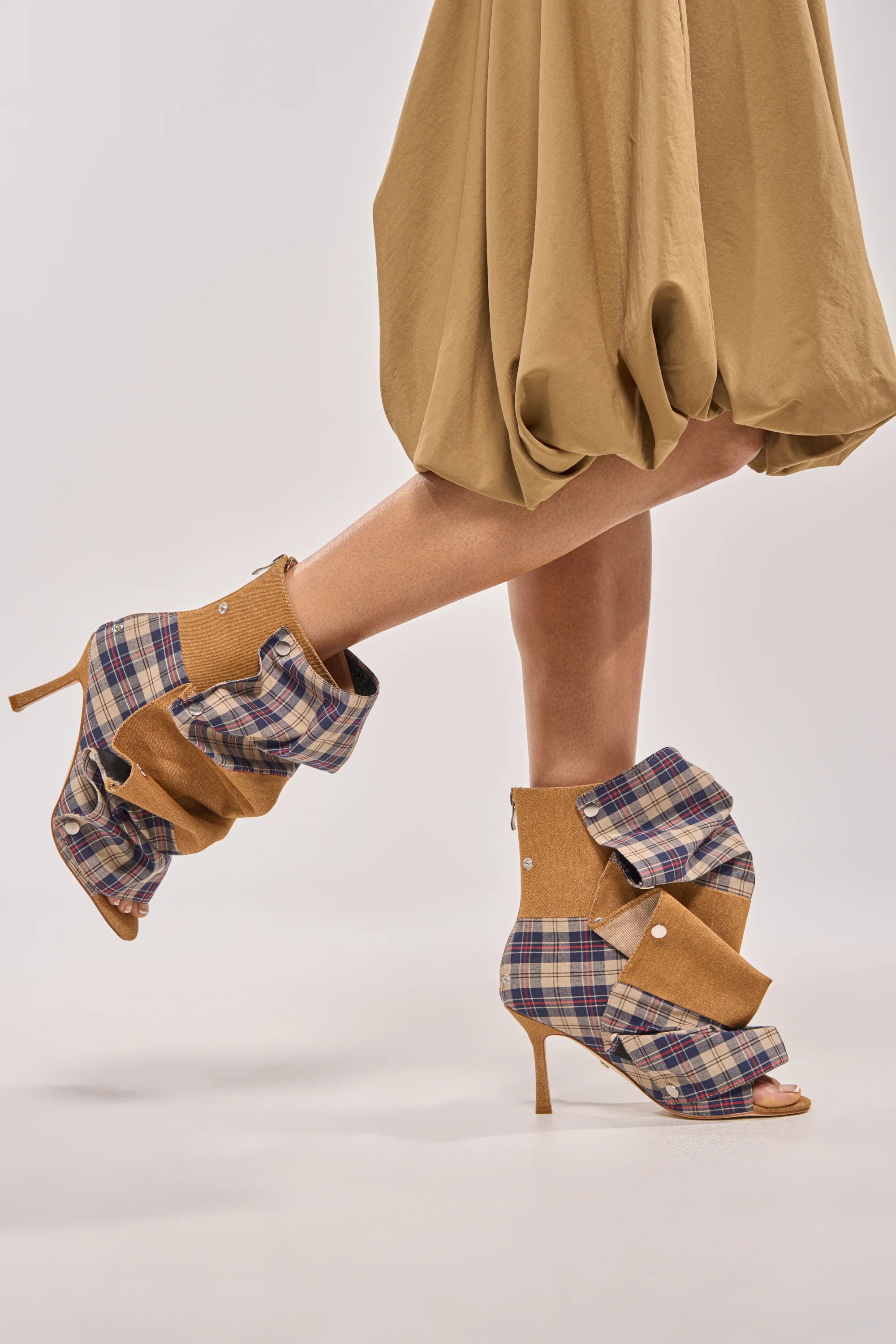 AZALEA WANG BIRD SONG TAUPE PLAID MULTI OPEN TOE BOOTIE - Akira Store