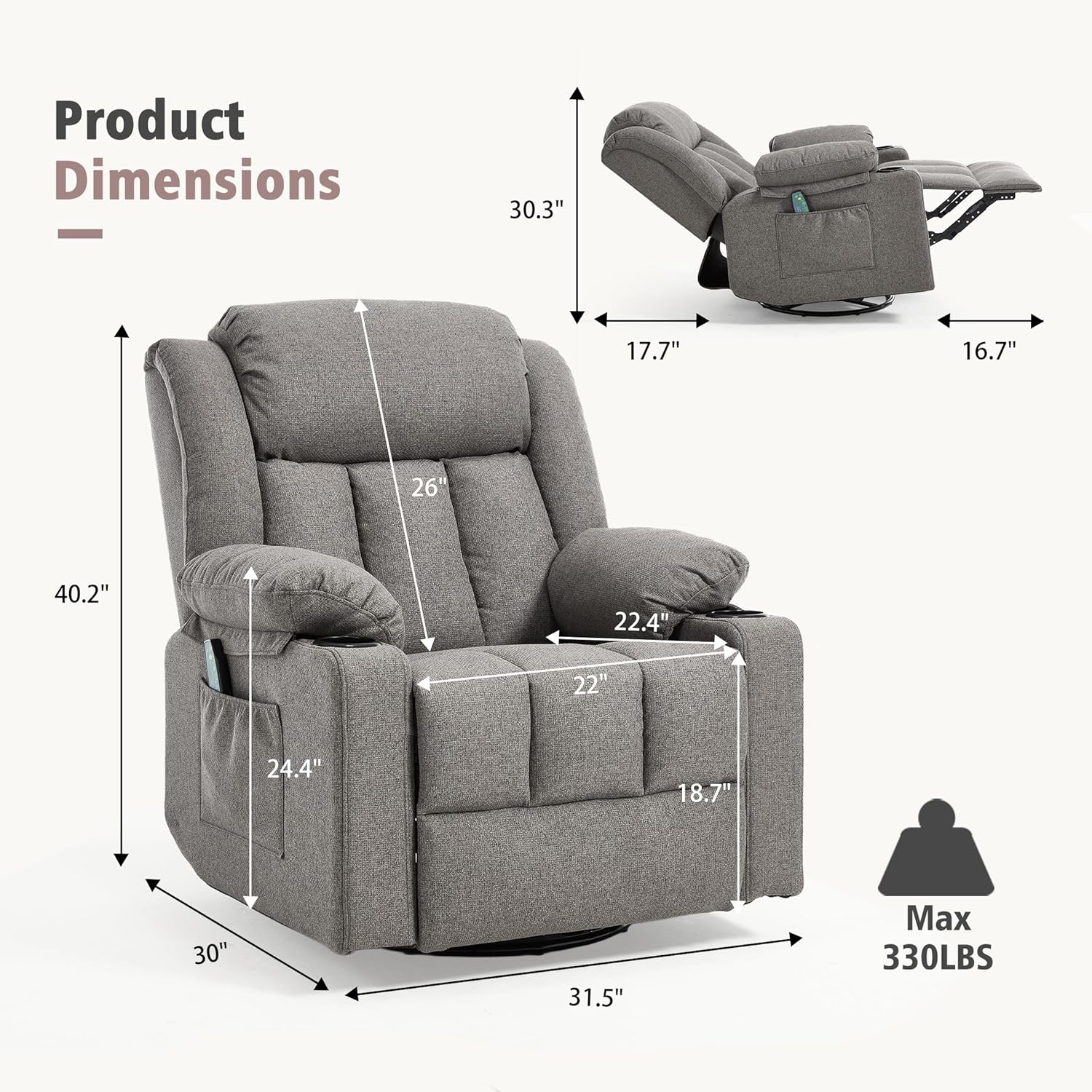 Rocker Swivel Recliner Chair for Adults, Overstuffed Large Manual Recliner Glider with Massage and Heat, Comfy Soft Fabric Living Room Reclining Sofa Chair (Smoked Gray)