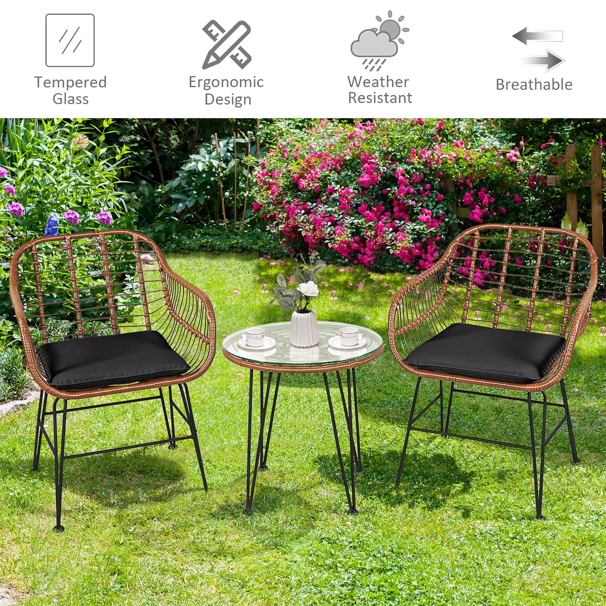 Costway 3PCS Patio Rattan Bistro Set Coffee Table Armchair Garden Red Cushion