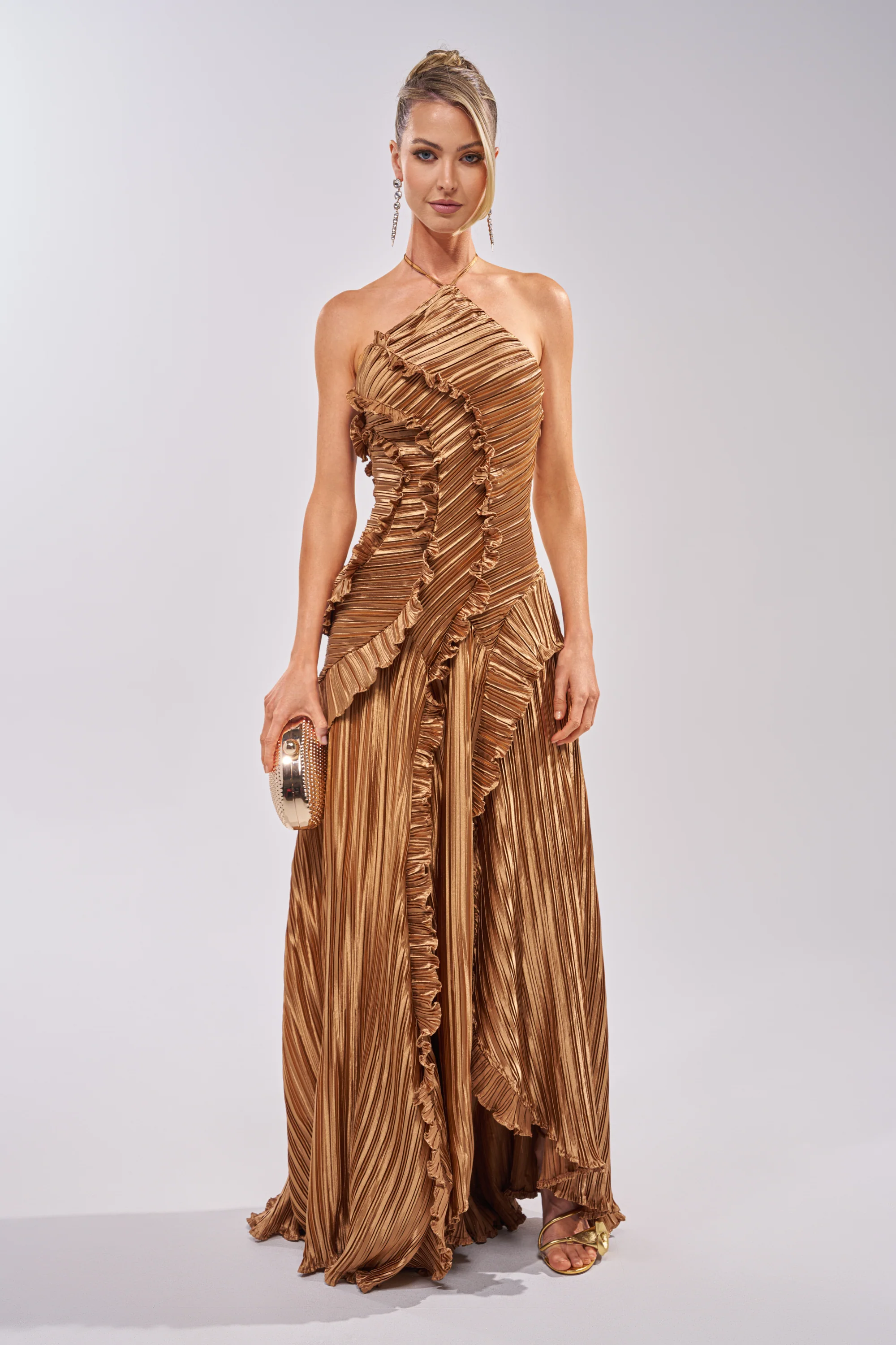 CELESTE RUFFLE MAXI DRESS IN BRONZE - Akira Store