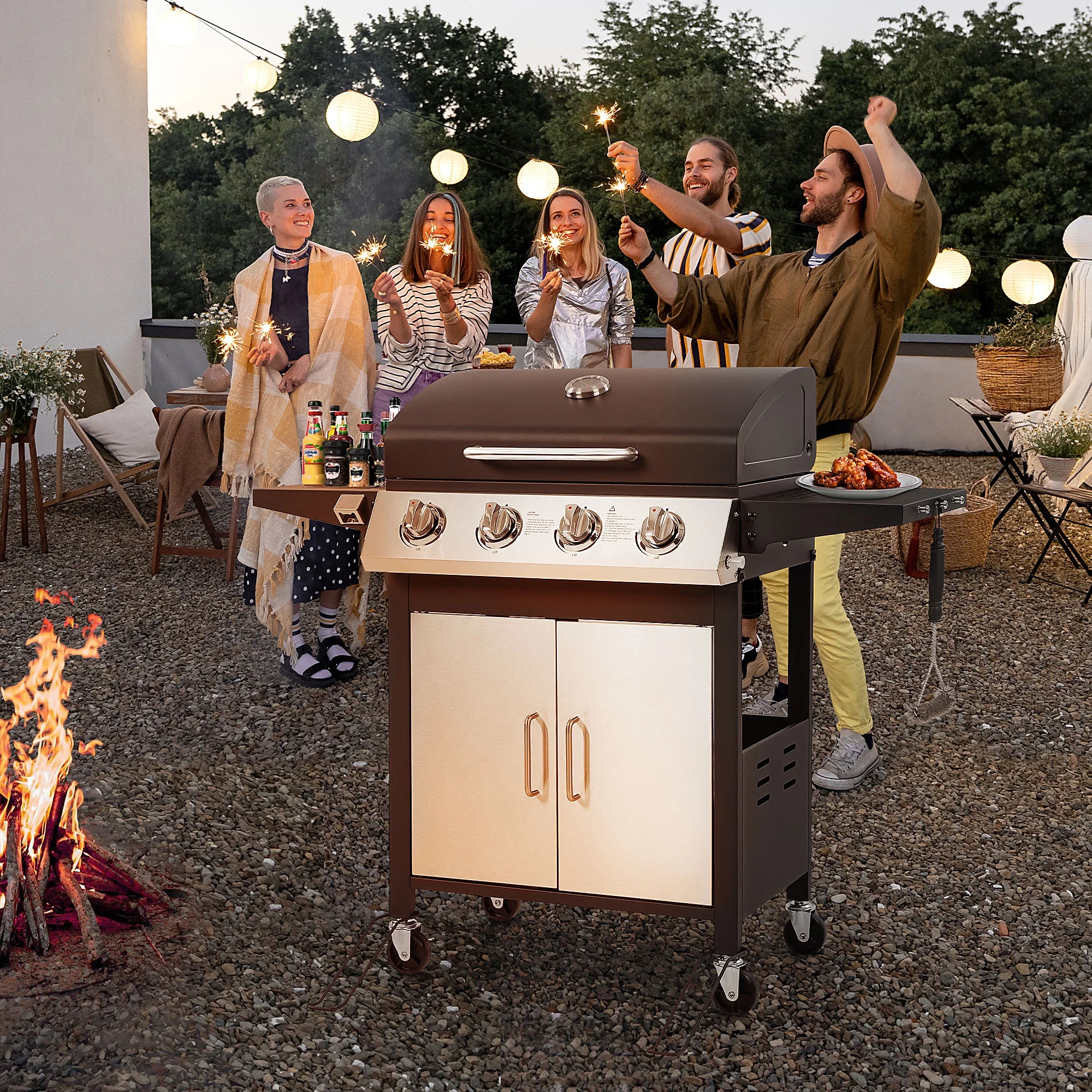 4-Burner Gas Grill with 4 Universal Wheels Bottle Opener, 40000BTU Outdoor Grill with Side Table for Camping, Black Sliver(4-Burner (40000 BTU)) - Image 8