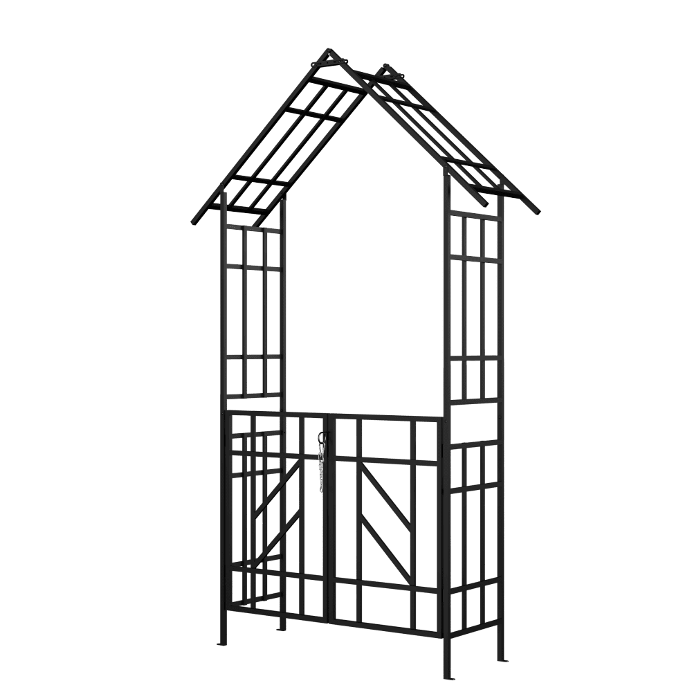 Gzxs Metal Garden Arch with Gate, 97 H Outdoor Rose Arbor Trellis, Black Powder-Coated Climbing Plant Support Archway for Garden, Patio, or Walkway