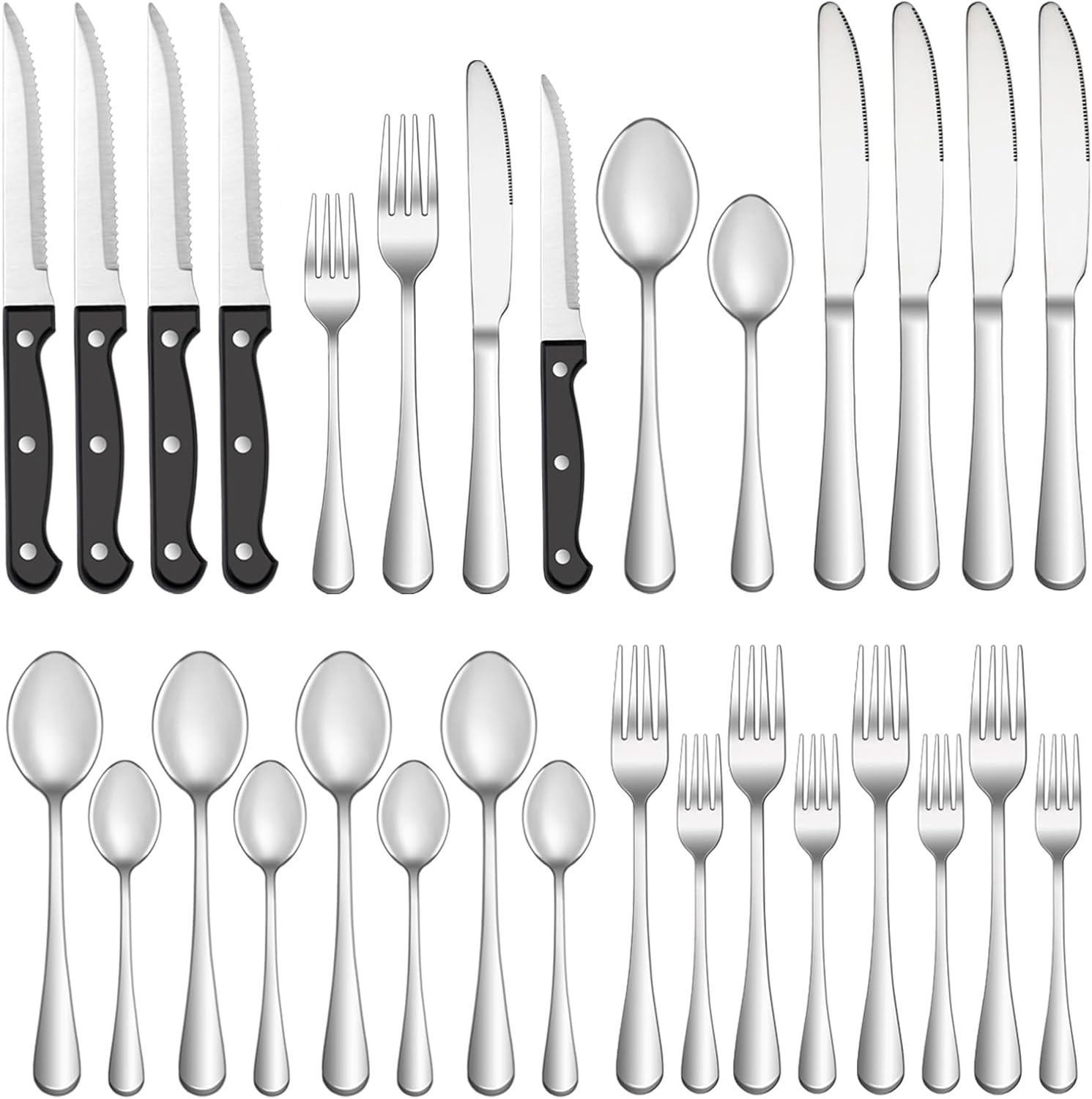 24 Pcs Silverware Set with Steak Knives for 4, Stainless Steel Flatware Set, Mirror Polished Cutlery Utensil Sets, Home Kitchen Dining Tableware, Dishwasher Safe