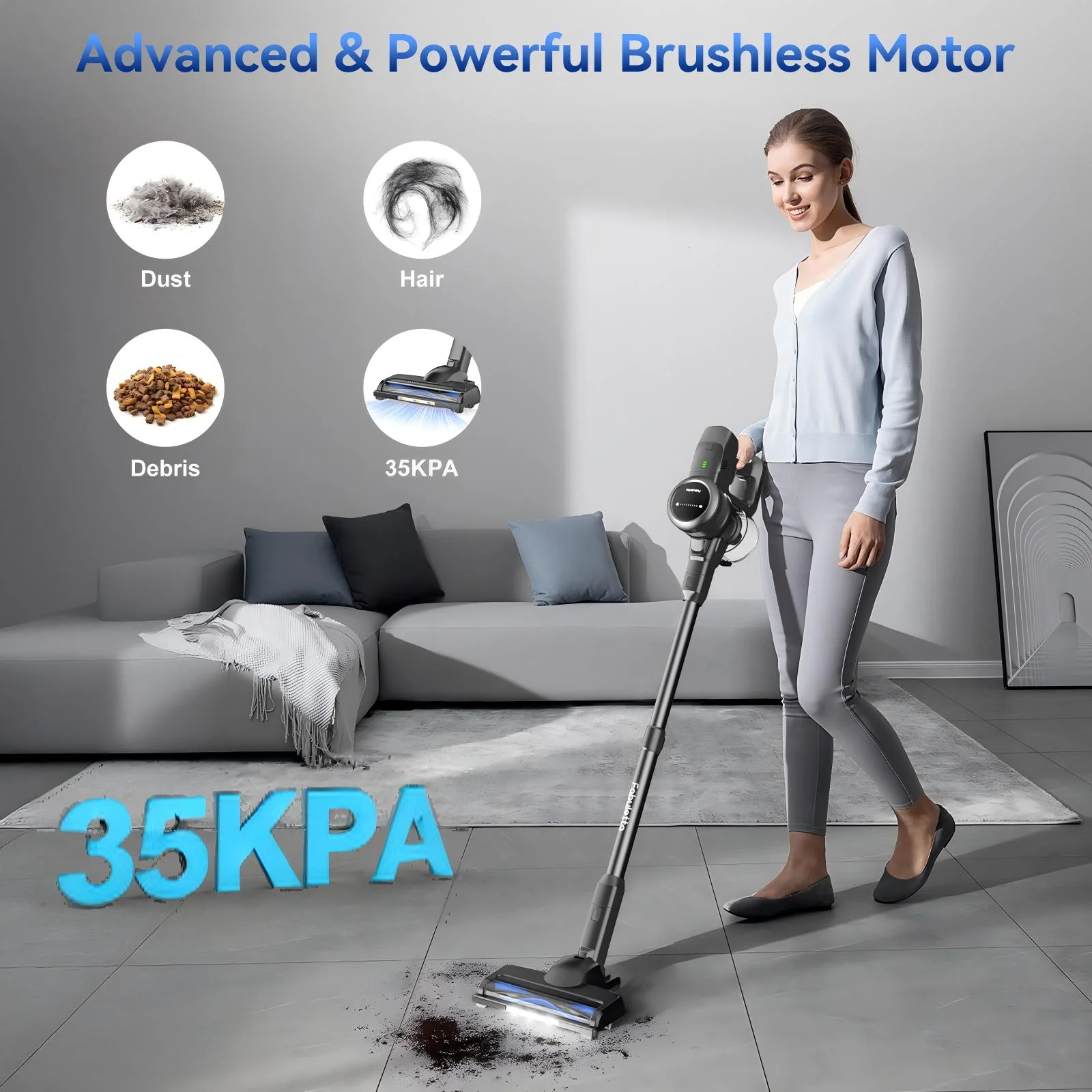 Cordless Vacuum Cleaner 35KPA Self-Standing Stick Vacuum 50min 400W Vac for Home Pet Hair Car Carpet Hardwood Floor, Black(Black) - Image 7