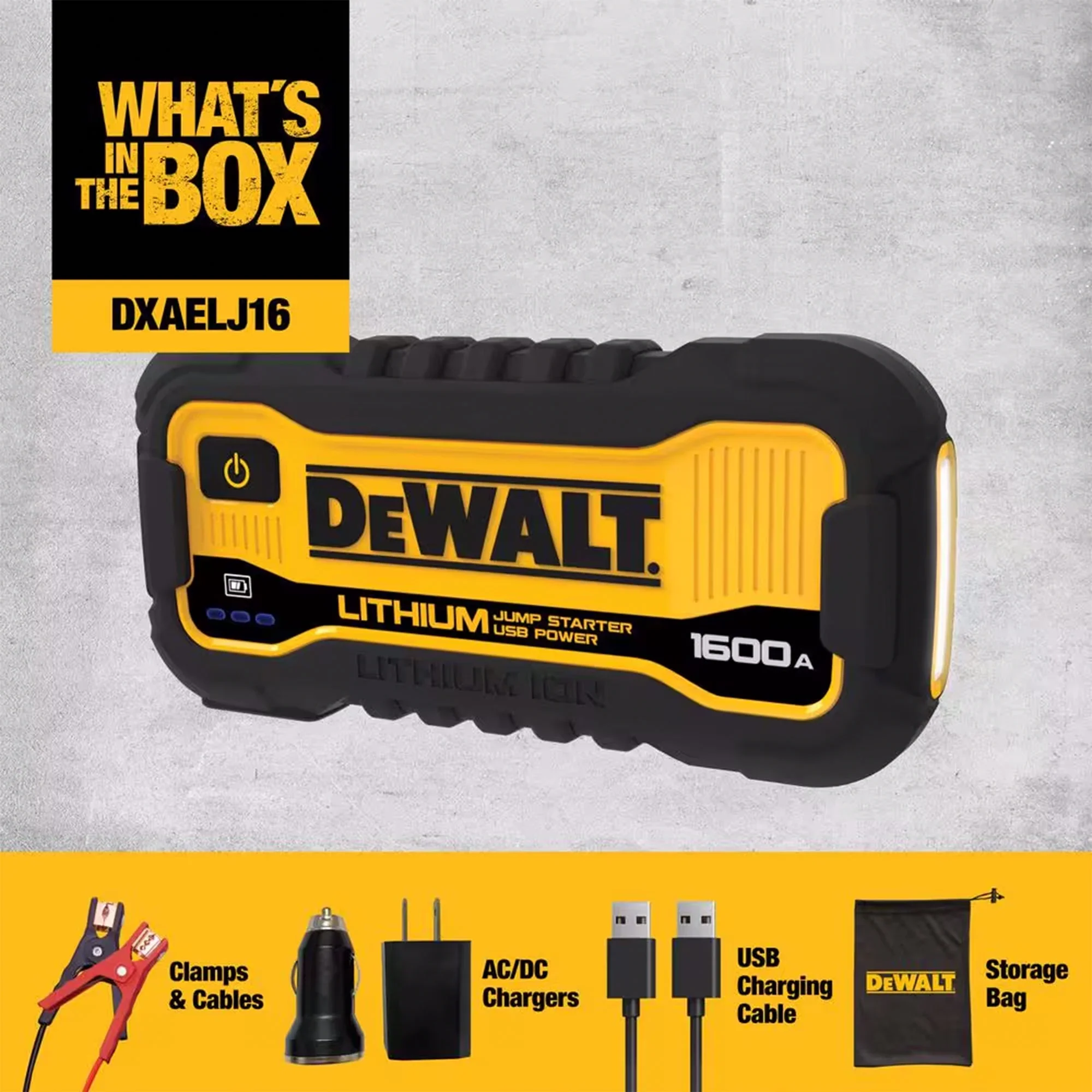 DeWalt 1600 Peak Amp Lithium Jump Starter with USB Power Bank DXAELJ16