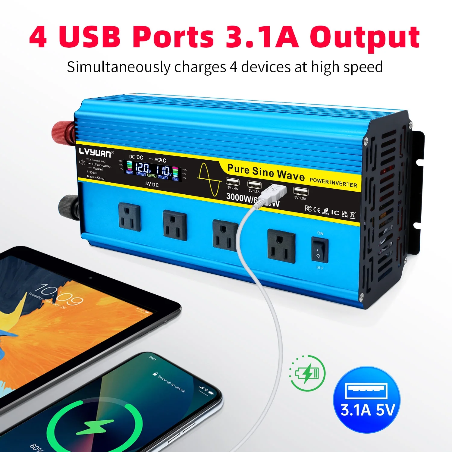 LVYUAN 3000watts Pure Sine Wave Power Inverter DC 12V to AC 110V 120V Converter 4USB 4AC LCD Display with Remote Control