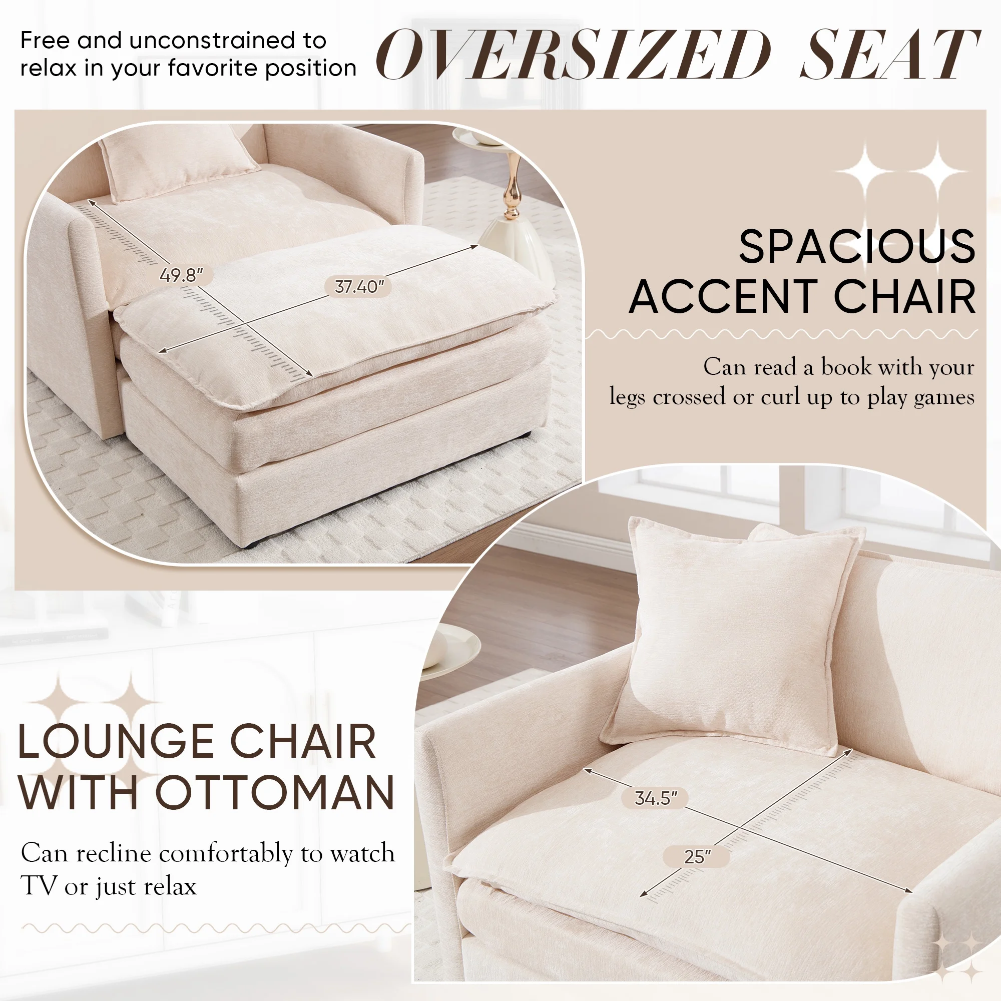 Oversized Lounge Chair with Ottoman, Cloud Accent Armchair for Living Room, Beige Chenille(Beige Chenille) - Image 10