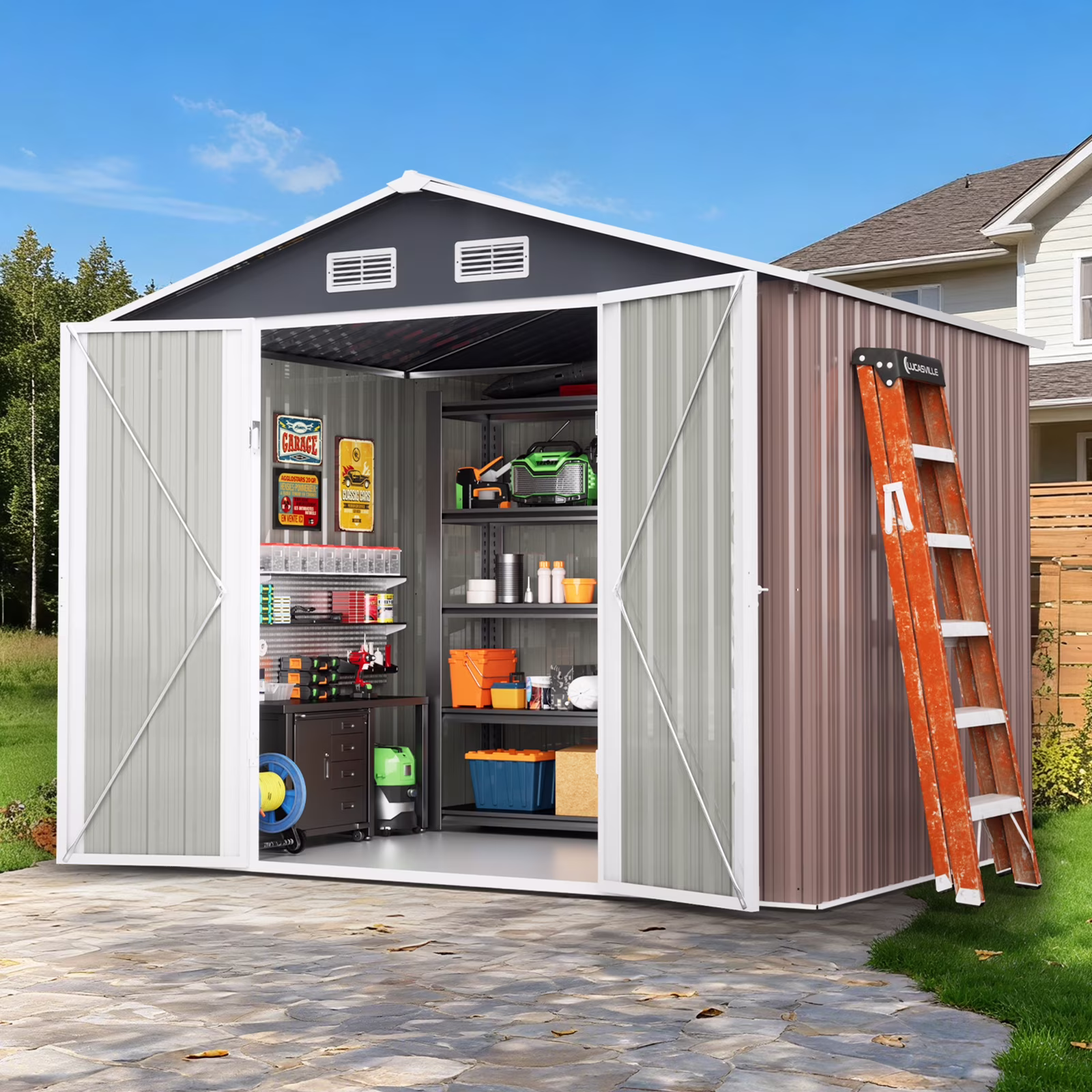 DISHUP Outdoor Storage Shed, 8x6 ft Metal Shed with Window��Lockable Doors, Ideal for Backyard, Garden and Patio