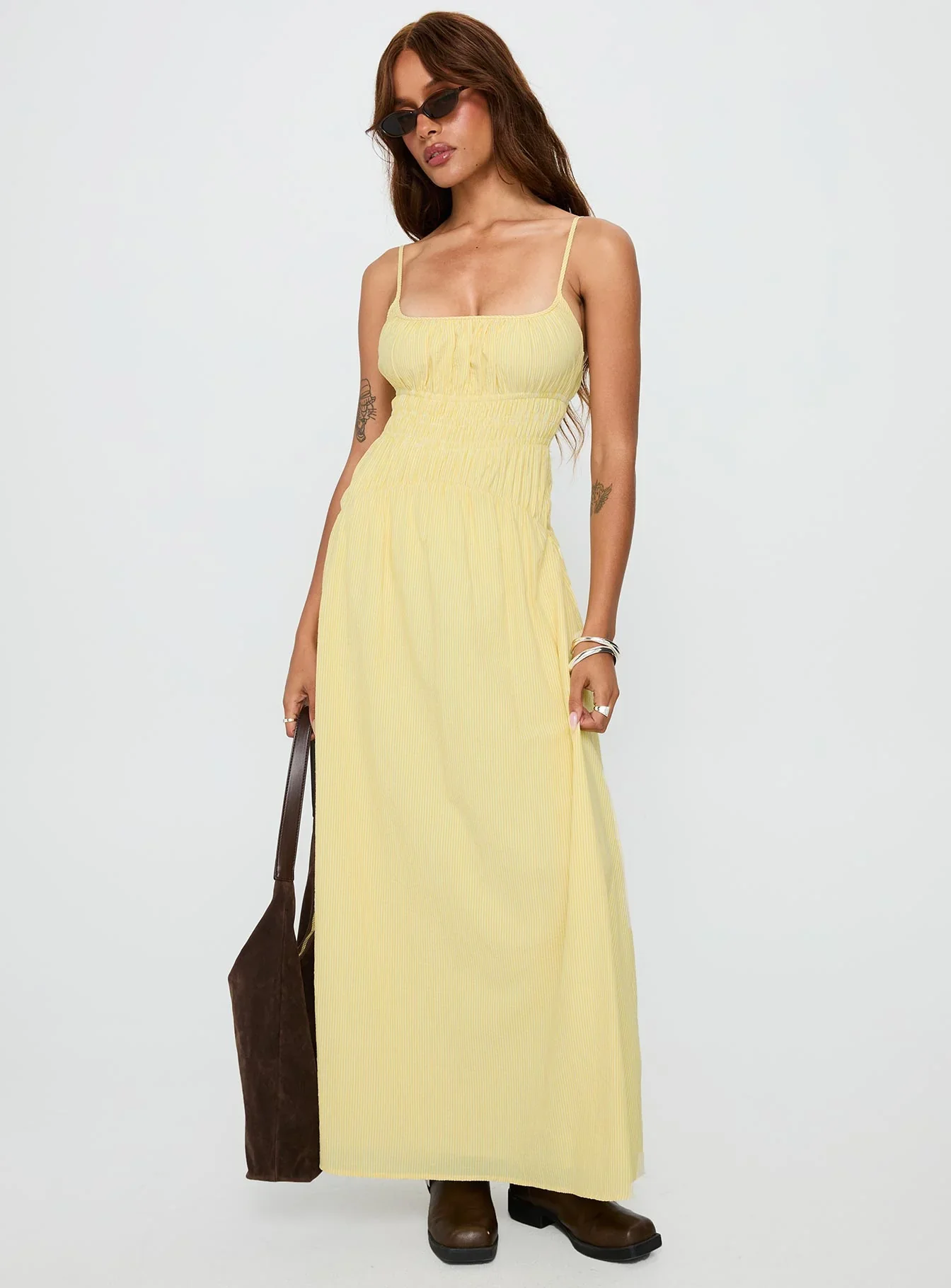 Magnolie Shirred Maxi Dress Yellow Stripe