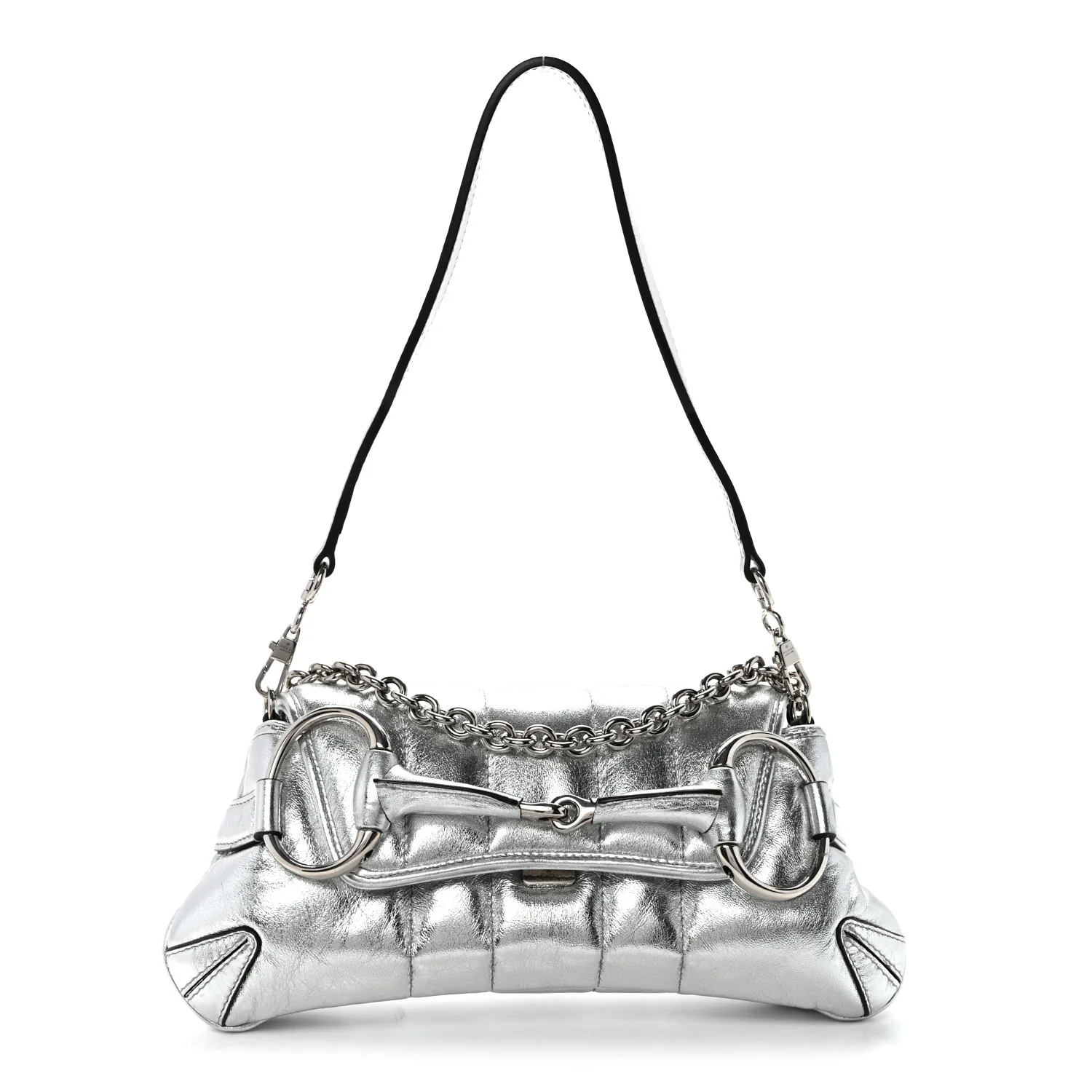 Metallic Nappa Vertical Matelasse Small Maxi Horsebit Chain Shoulder Bag Silver