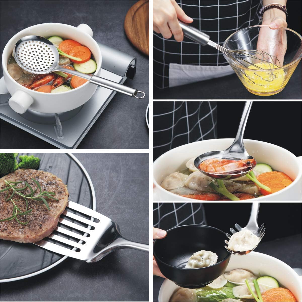 Berglander Cooking Utensil Set 8 Piece, Stainless Steel Kitchen Tool Set with Stand, Cooking Utensils, Slotted Spoon, Ladle, Skimmer, Serving Spoon, Pasta Server, Potato Masher, Egg Whisk（8 Pieces）