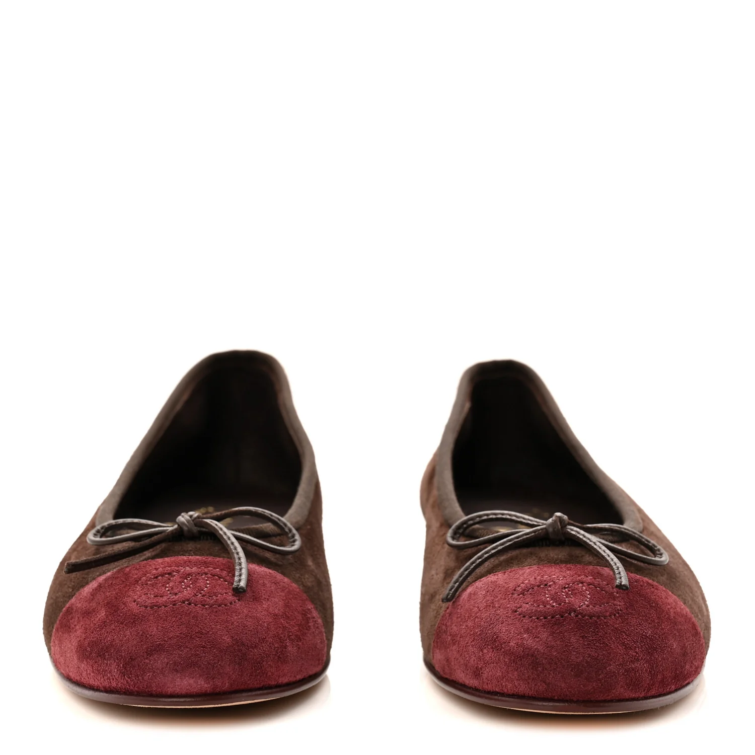 Suede Calfskin Cap Toe CC Ballerina Flats 37.5 Dark Brown Burgundy