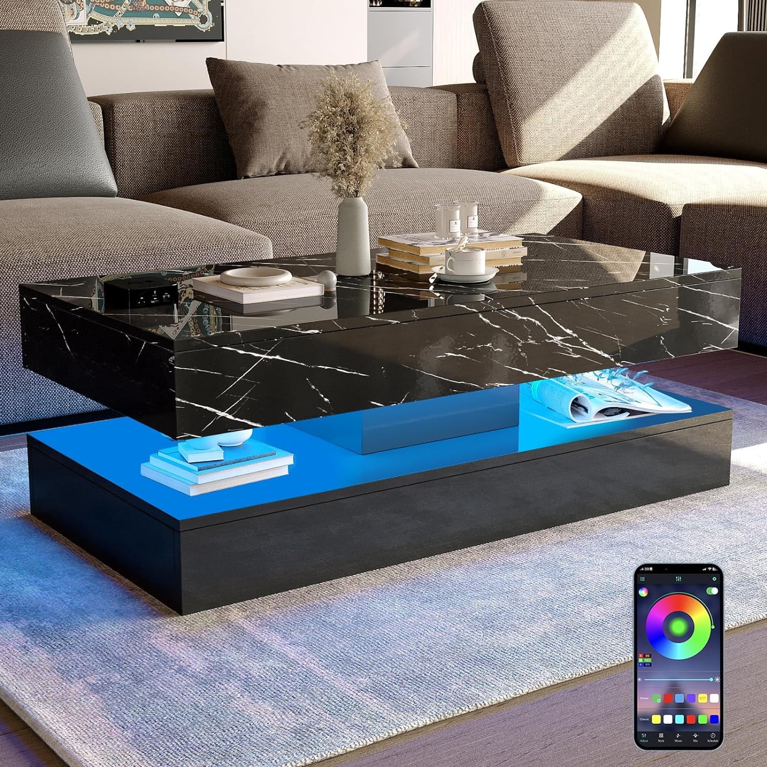Large Black LED Coffee Table with 2 Storage Drawers, Modern High Gloss Coffee Table w/20 Colors LED Lights/APP Control, 2 Tiers Rectangle Large Living Room Furniture w/Marbling Print(47.3")(Black Marbling Print) - Image 4