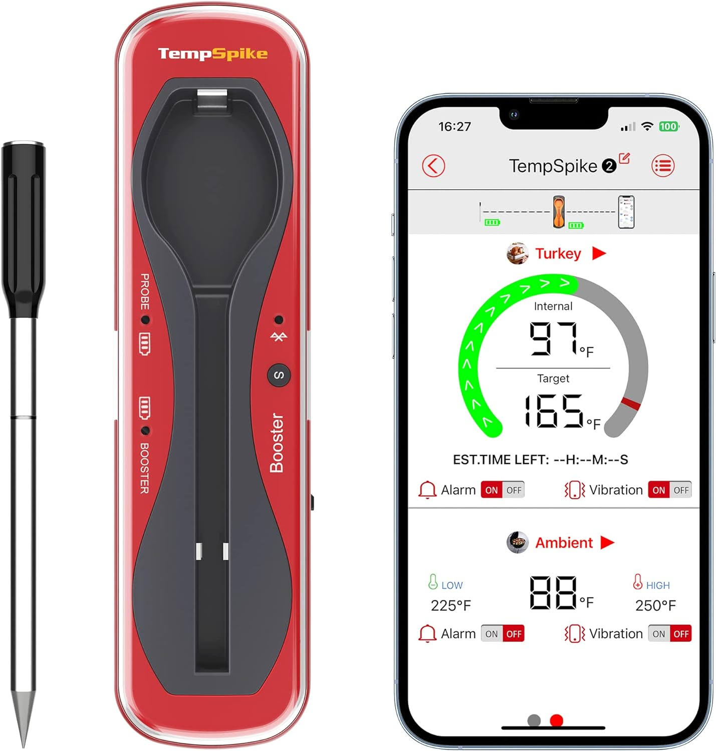 ThermoPro TempSpike Bluetooth Grill Thermometer with Wire-Free Probe - Red/Black