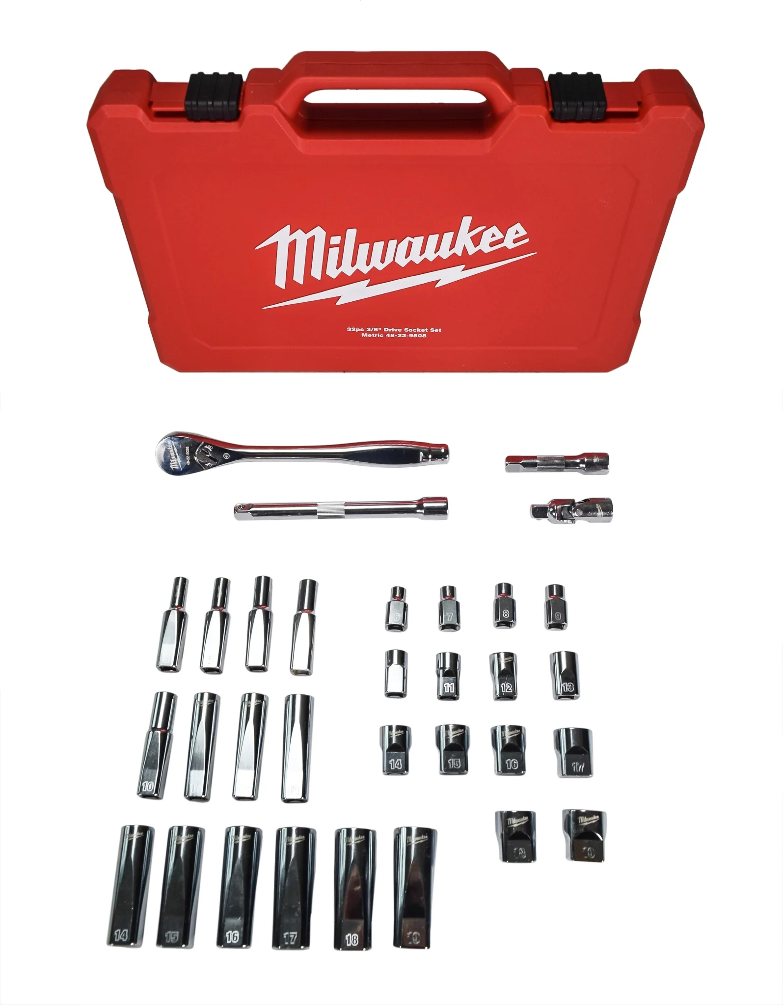 MILWAUKEE 32 - Piece Metric 3/8 In. Drive Ratchet & Socket Set - Slim Profile, 90 - Tooth, Deep & Standard Sockets (48 - 22 - 9508)