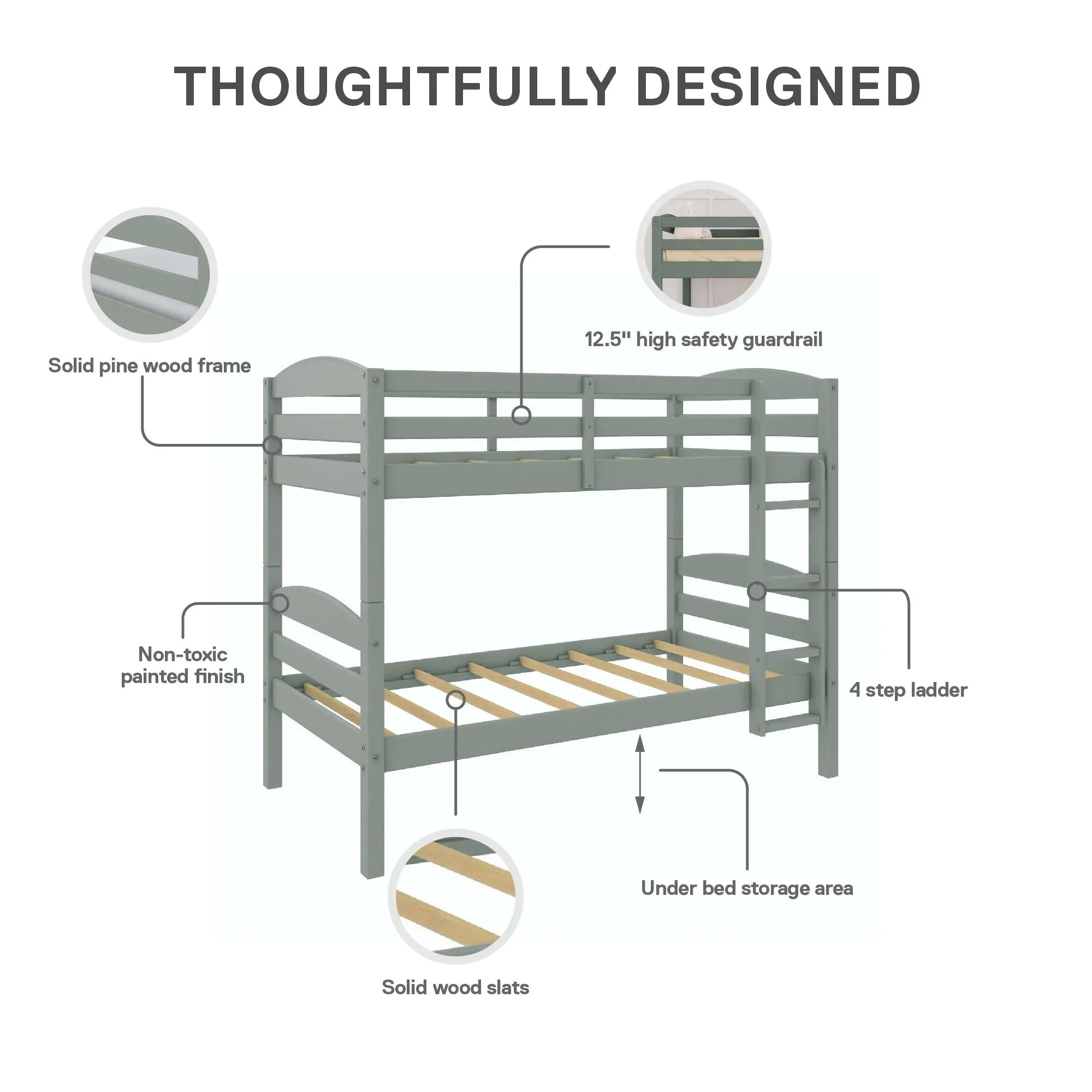 Better Homes & Gardens Leighton Solid Wood Twin-over-Twin Convertible Bunk Bed, Sage Green