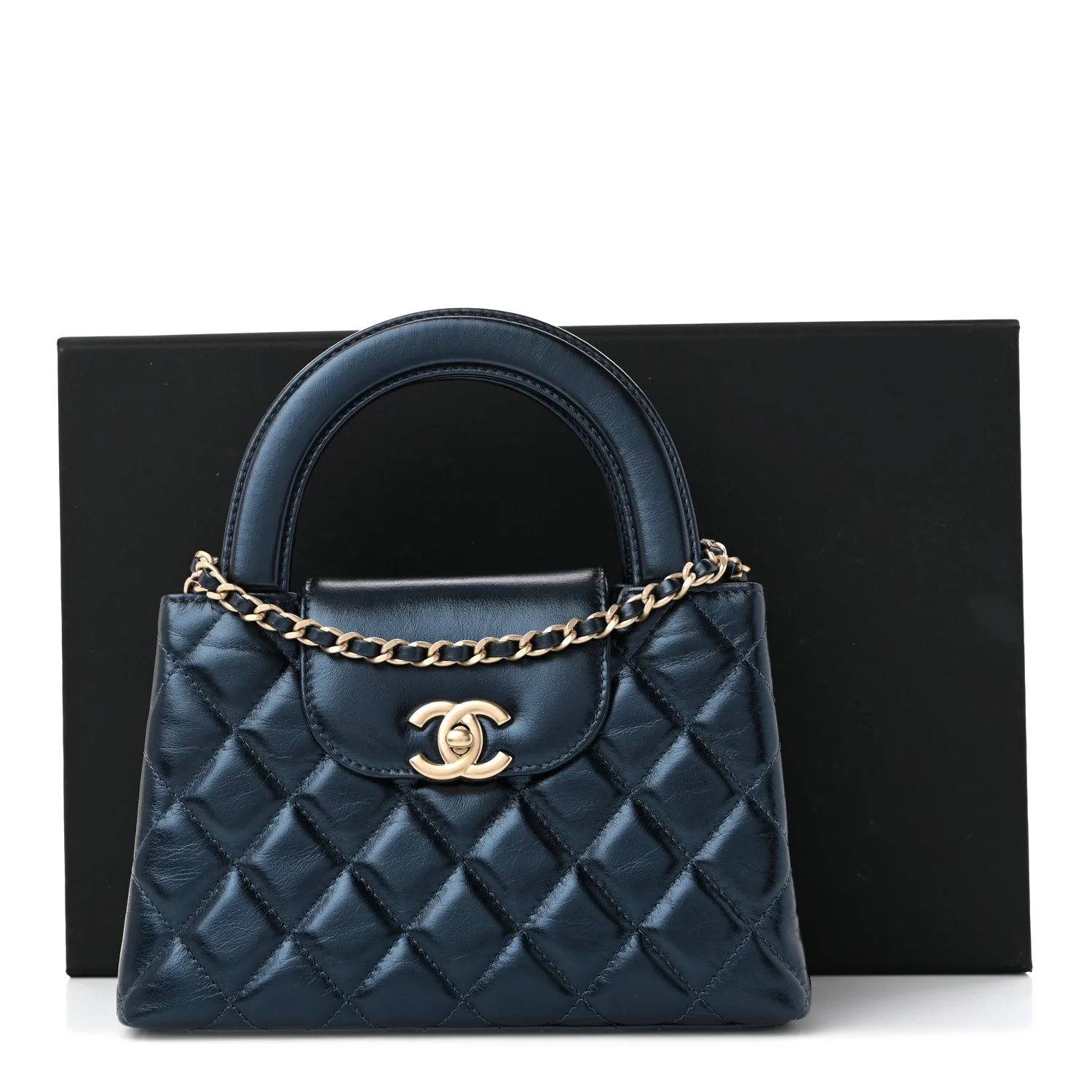 Metallic Aged Calfskin Quilted Nano Kelly Shopper Navy