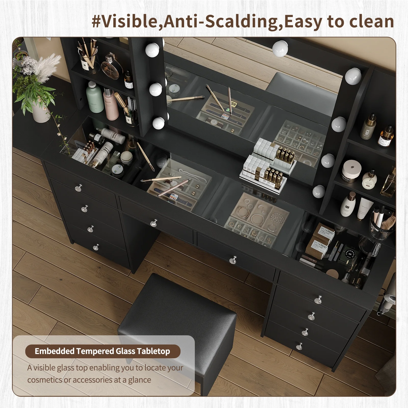 Vanity With Power Outlet, Vanity Desk With Mirror And 10 LED Lights, 10 Drawers Makeup Vanity With 6 Shelves, Fold-Up Panel, Vanity Table With Chair For Bedroom - Image 6
